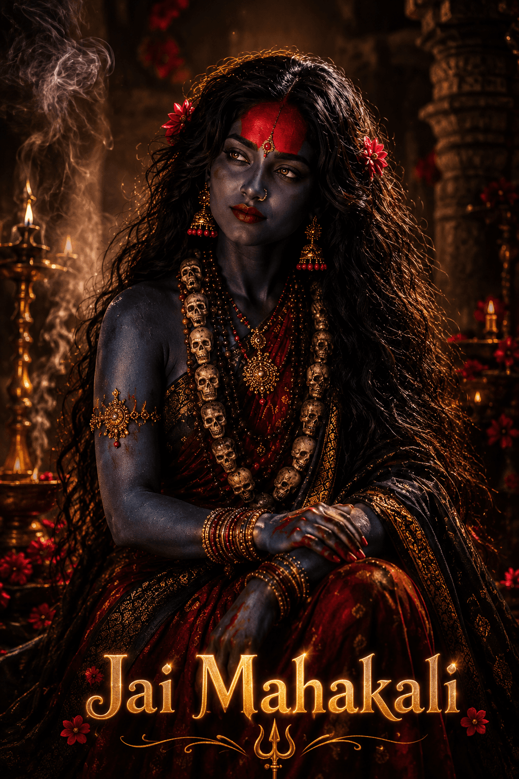 Serene Maa Mahakali with dark blue complexion, skull garland, red tilak, flowing hair, and temple background in stunning 4K, free to download.