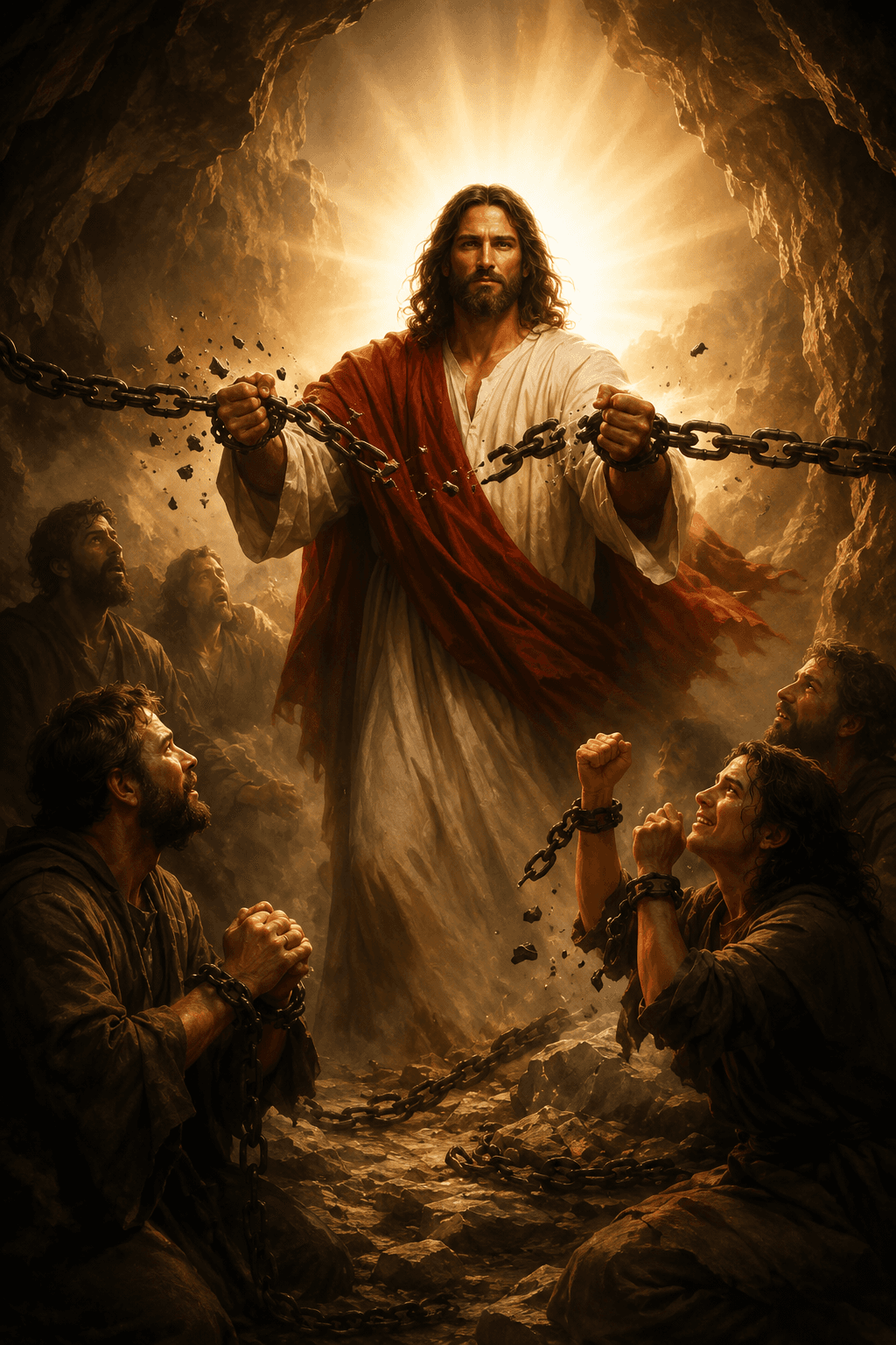 Powerful artwork of Jesus Christ breaking chains to free prisoners, symbolizing deliverance, redemption, freedom, hope, salvation, and God's divine power.