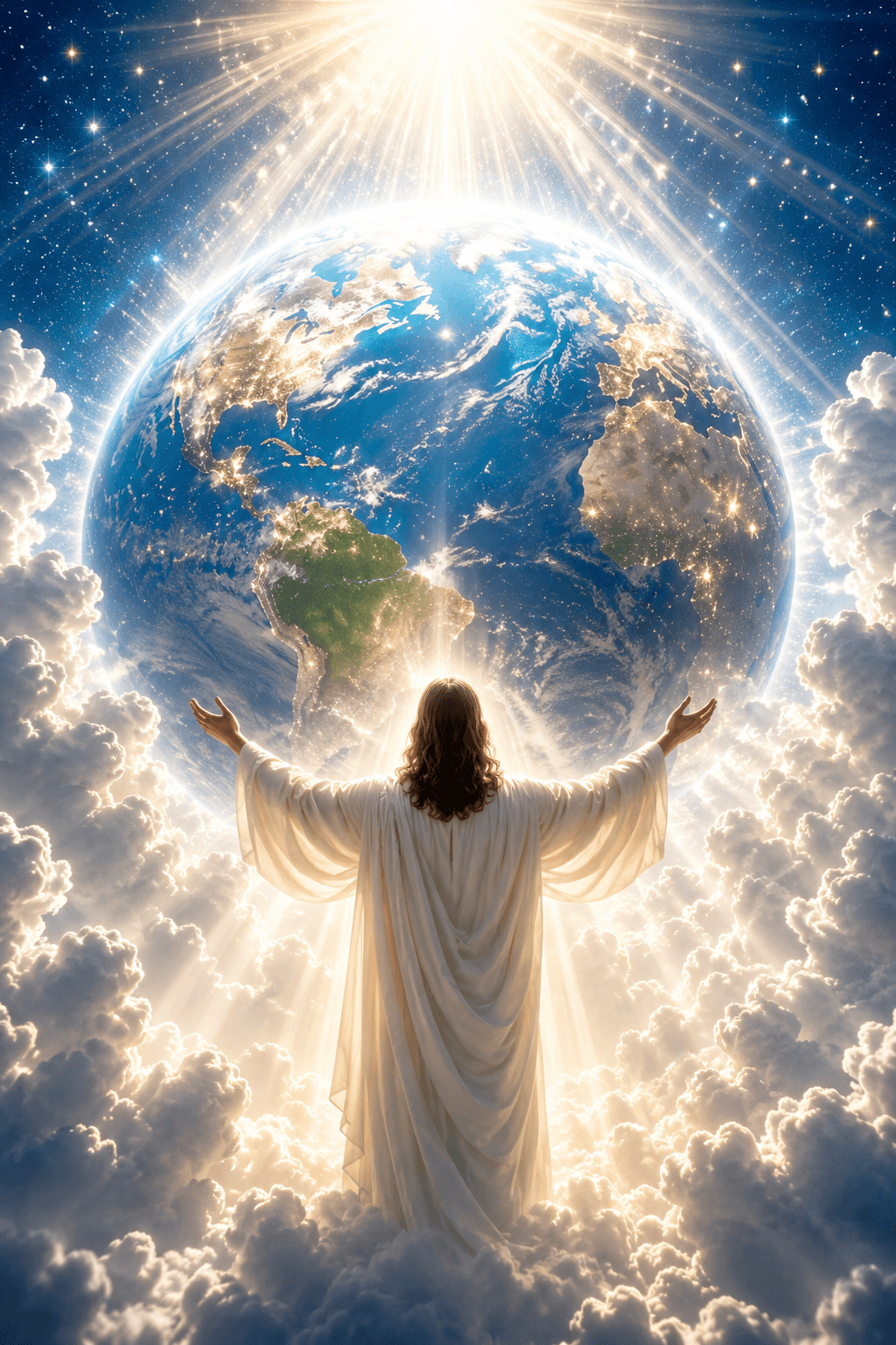 Jesus Christ standing in radiant heavenly clouds with outstretched arms, blessing the Earth beneath brilliant divine light in a cinematic Christian artwork.
