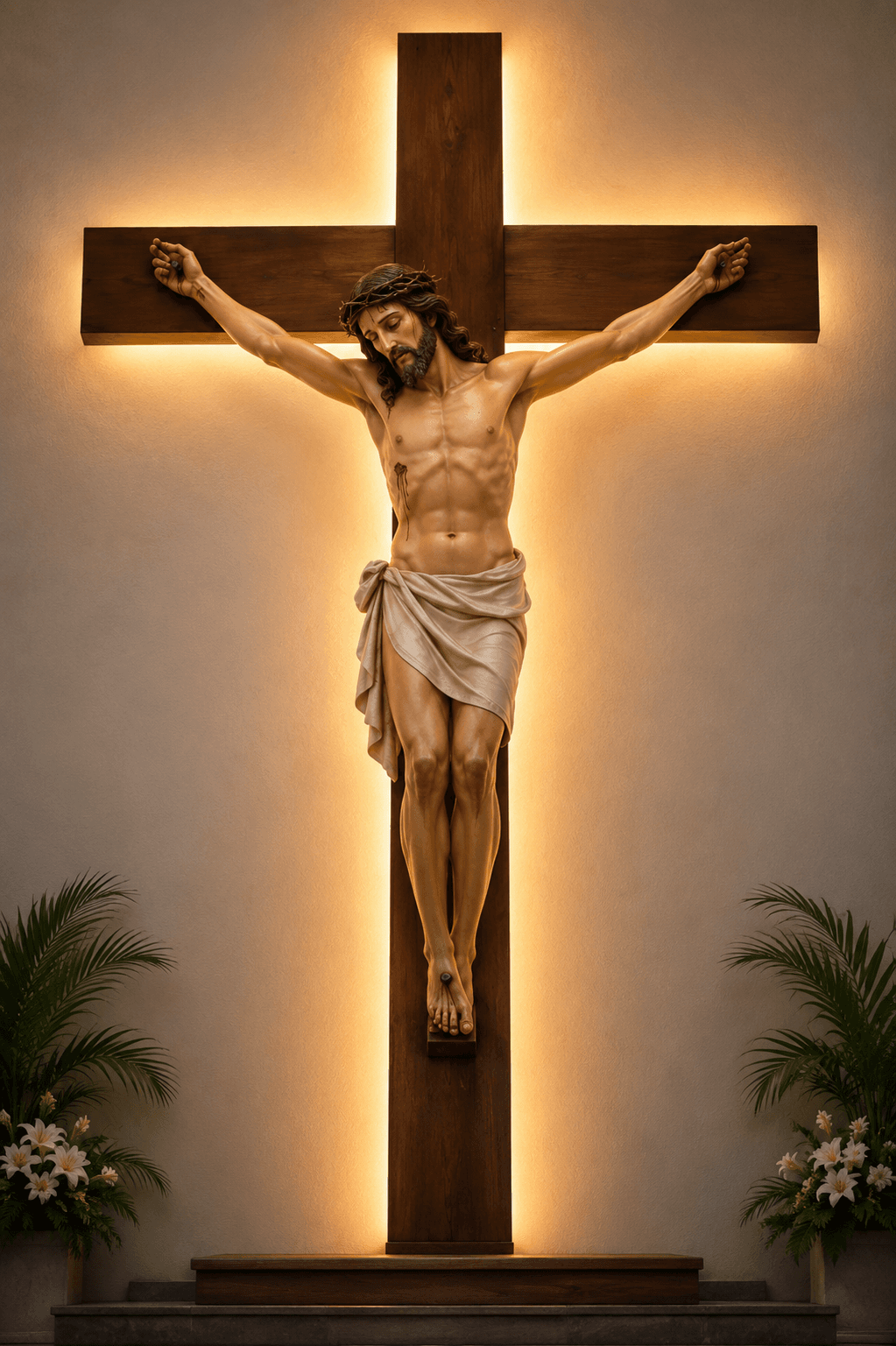 Jesus Christ on the Holy Cross with a glowing backlit wooden crucifix inside a church, symbolizing sacrifice, redemption, faith, and eternal love.