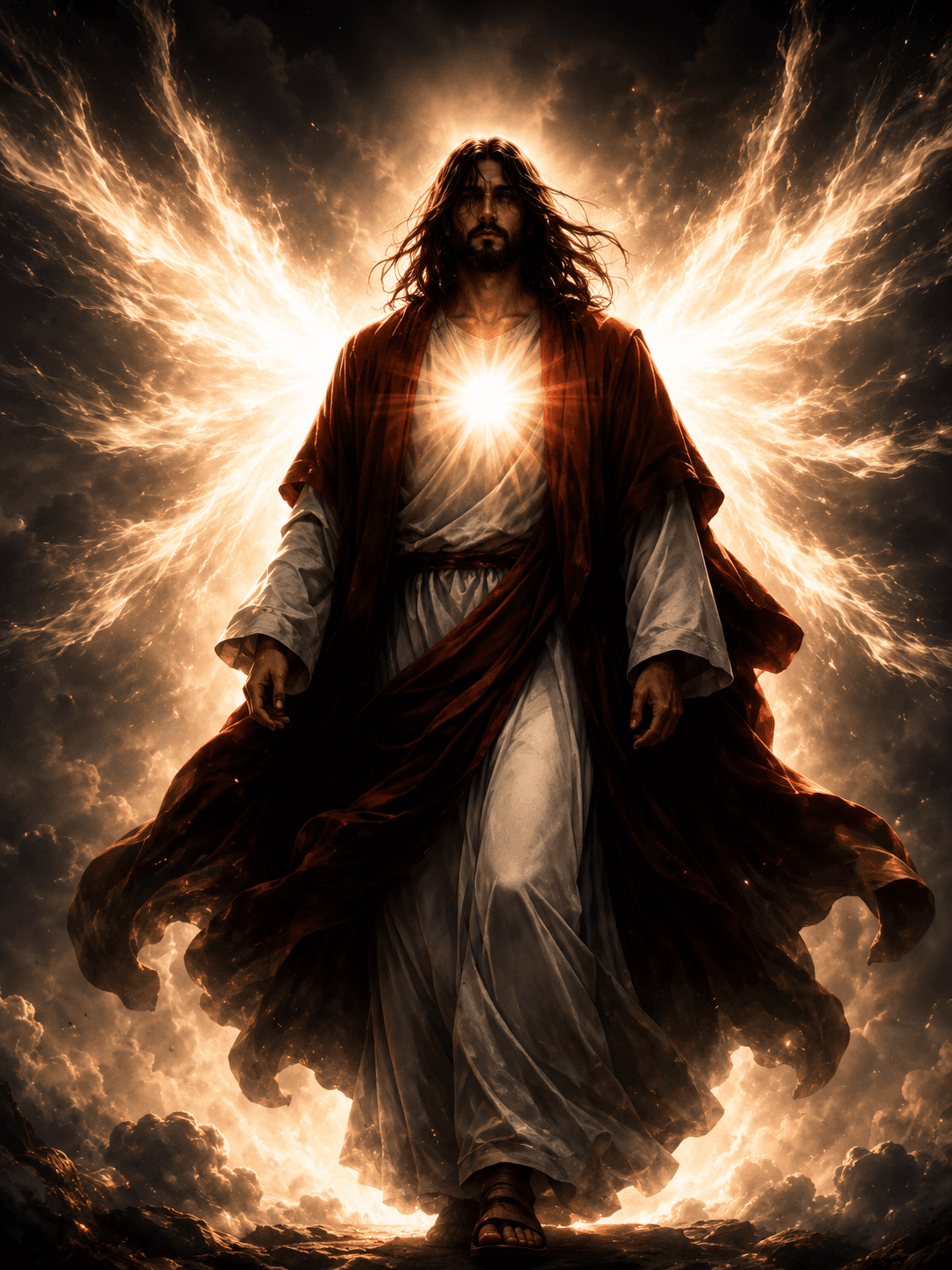 glowing Sacred Heart, heavenly clouds, and majestic wings of light in a dramatic Christian artwork.