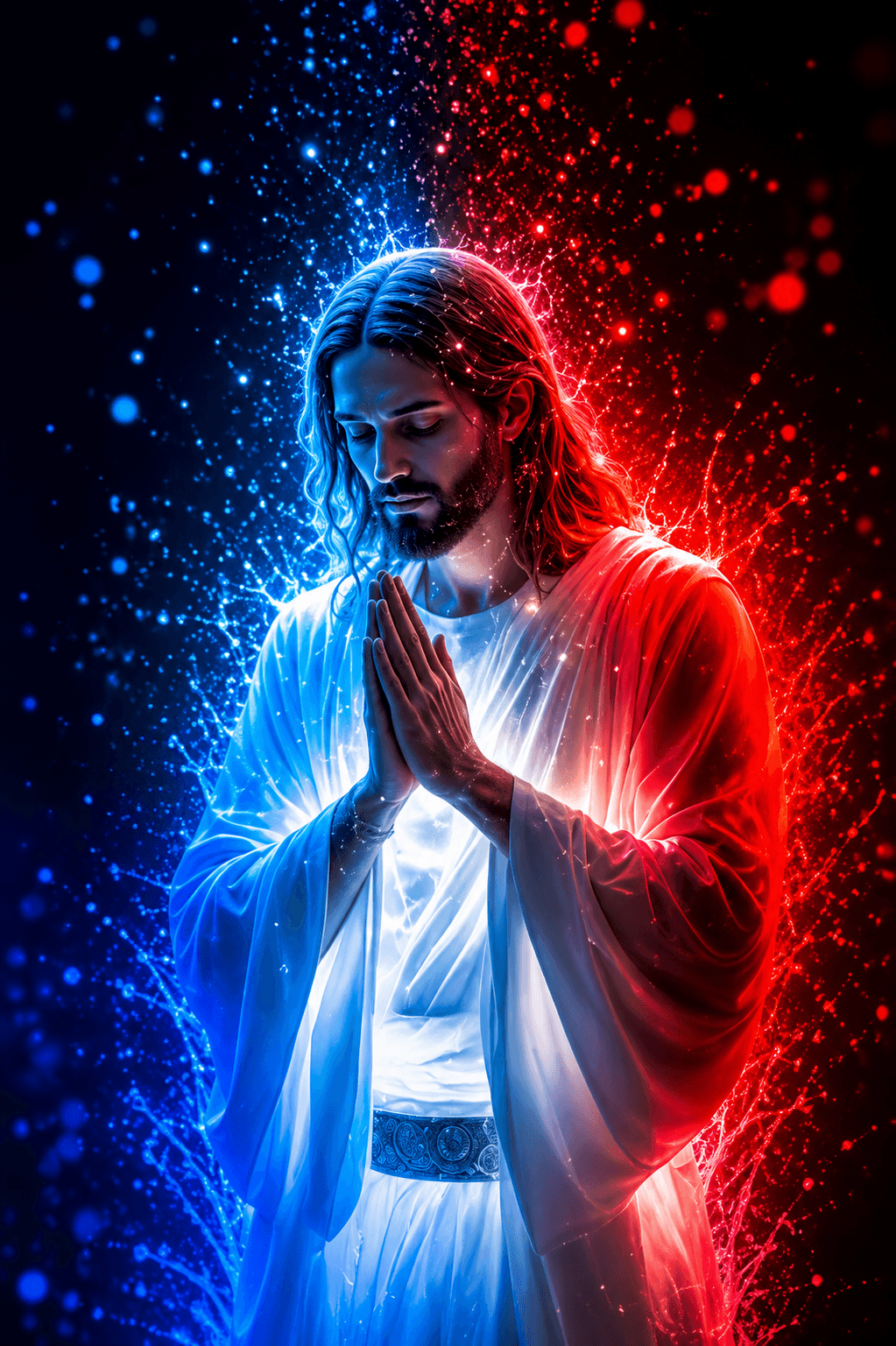 Artistic Christian illustration of Jesus Christ praying with folded hands, surrounded by glowing blue and red heavenly light, symbolizing faith, peace, hope, and God's presence.