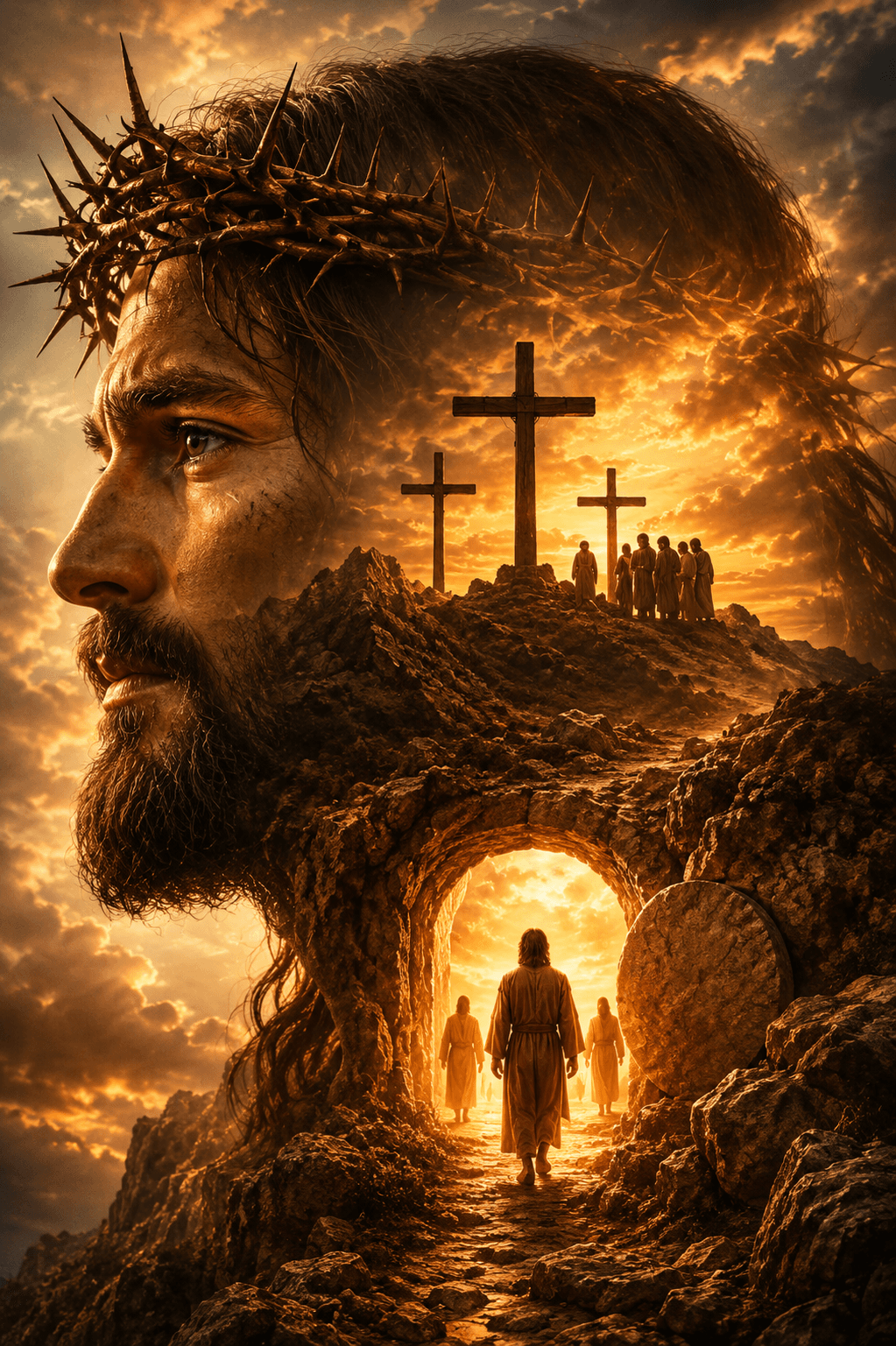 Jesus Christ with the Crown of Thorns overlooking the crucifixion crosses and the empty tomb at sunrise, symbolizing resurrection, hope, and eternal salvation.