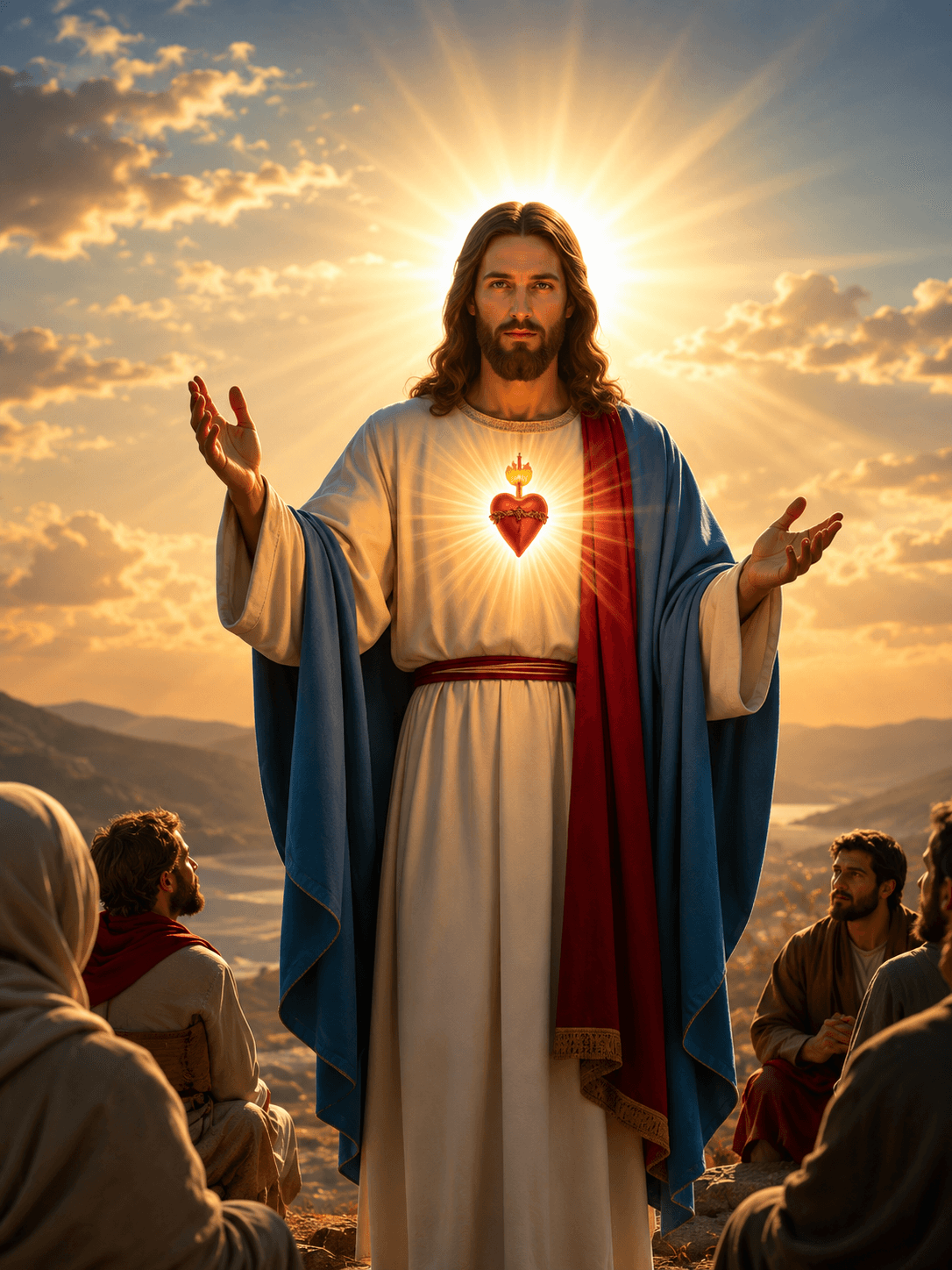 Jesus Christ with the glowing Sacred Heart blessing His followers under radiant sunlight in a peaceful mountain landscape.
