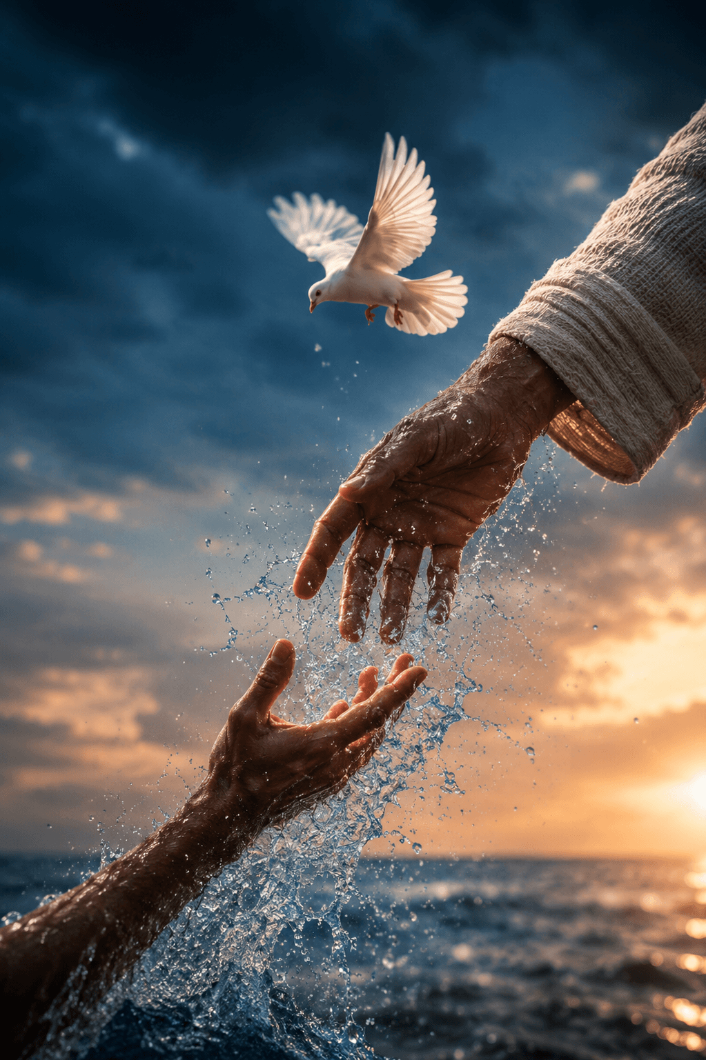 Jesus Christ reaching out to save a person from the sea with a white dove symbolizing the Holy Spirit at a dramatic sunset.
