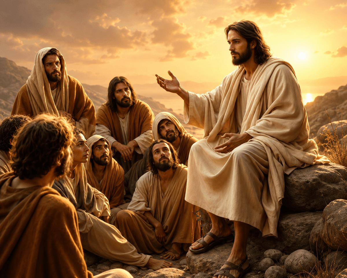 Jesus Christ teaching His disciples on a rocky hillside during a golden sunset, sharing wisdom and faith in a biblical scene.