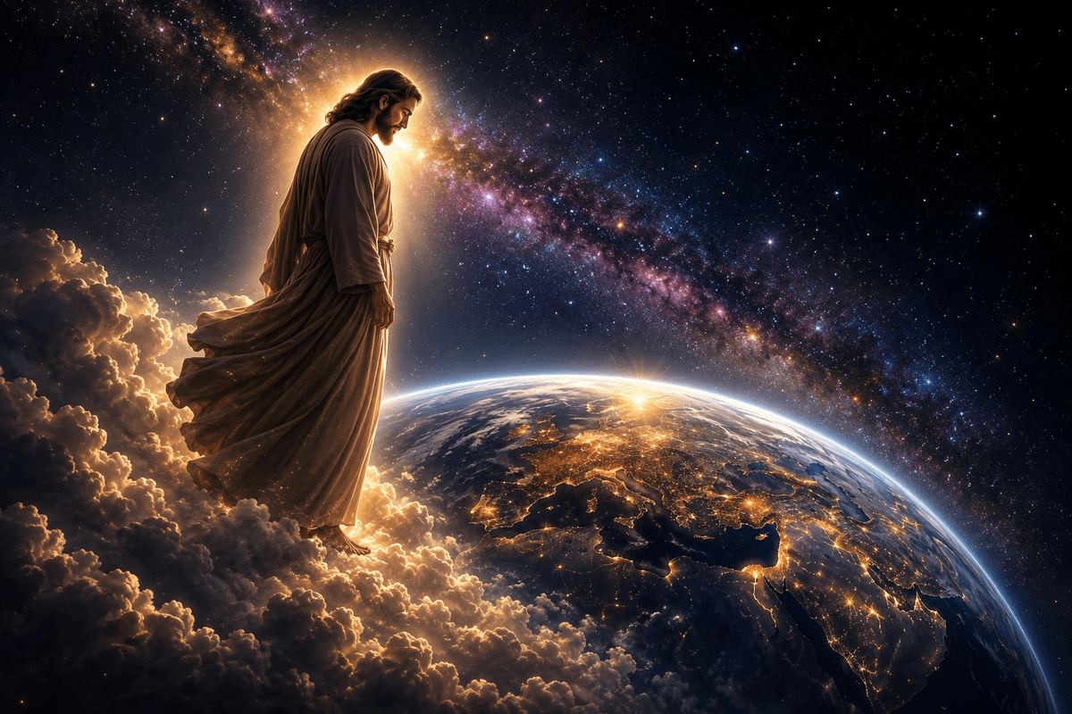 Jesus Christ standing above the Earth in space with glowing clouds, the Milky Way galaxy, and radiant heavenly light in a cinematic Christian artwork.