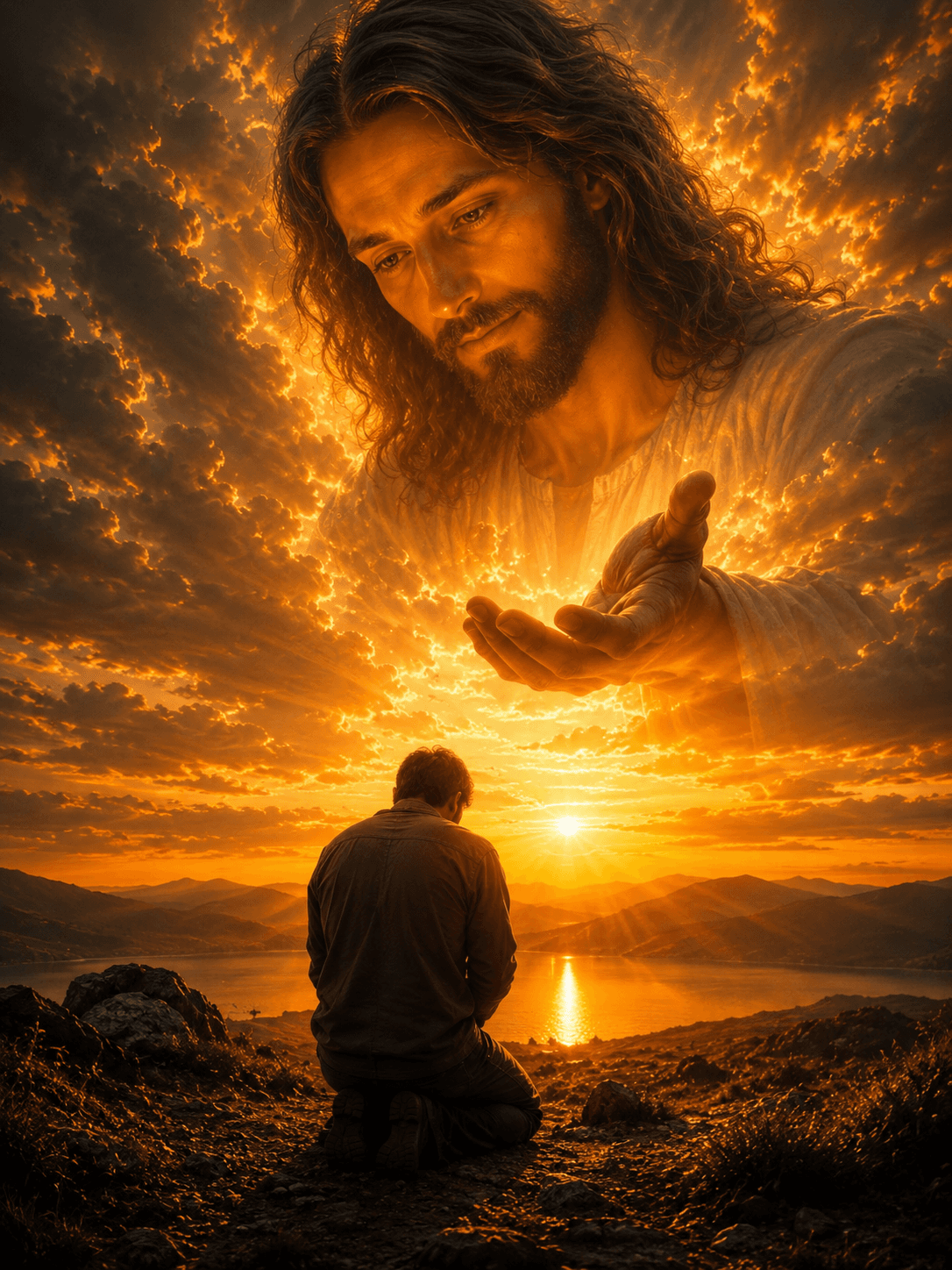 Jesus Christ extending His hand from radiant golden clouds over a person praying at sunset by a peaceful lake.
