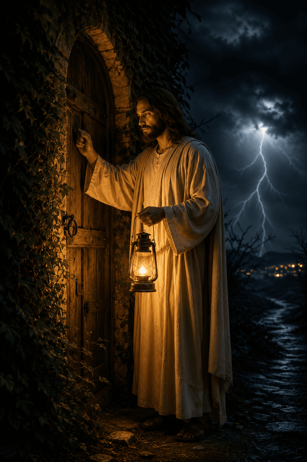 Jesus Christ holding a glowing lantern while knocking on a wooden door during a stormy night, symbolizing hope, faith, guidance, and His invitation to every heart.