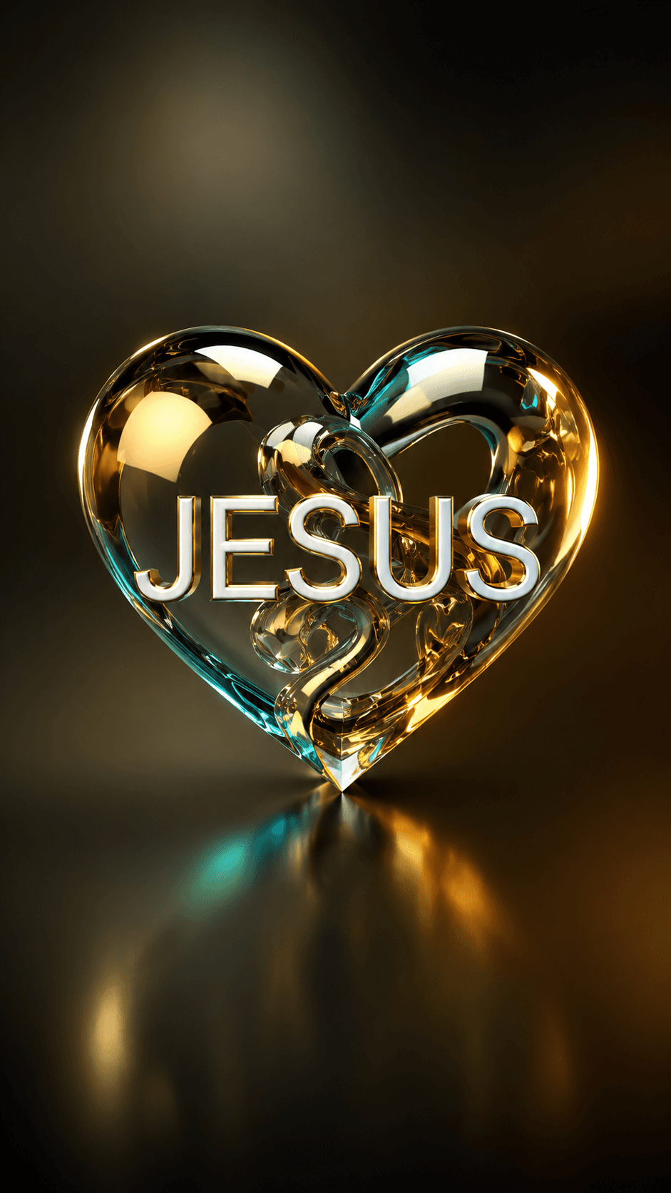 High-resolution glass heart artwork featuring the name Jesus in elegant typography with a glowing heart design, symbolizing Christ's love and faith, ideal for HD wallpapers, Christian artwork, church media, and devotional designs.