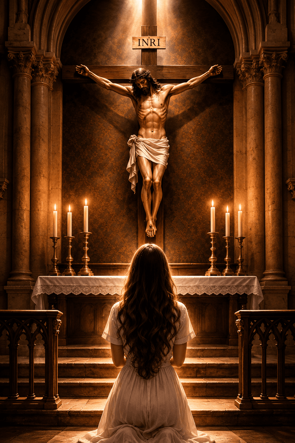 Jesus Christ crucified on the Holy Cross above a church altar with a worshipper praying, candles, and warm divine light.