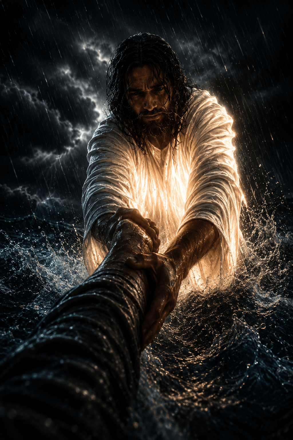Jesus Christ pulling a person from stormy waters with His hand, surrounded by radiant divine light during heavy rain.