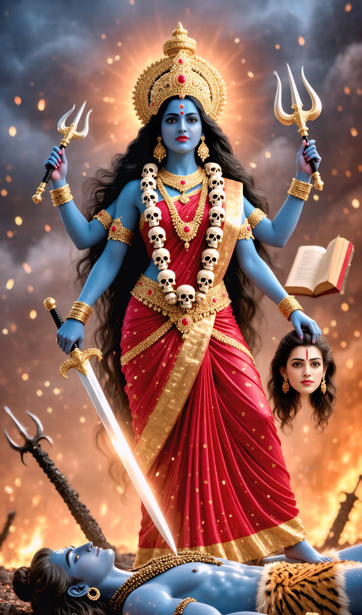 HD image of Goddess Kali in red saree with golden jewelry and skull garland, holding sword, trident, and head, standing on Lord Shiva, free download