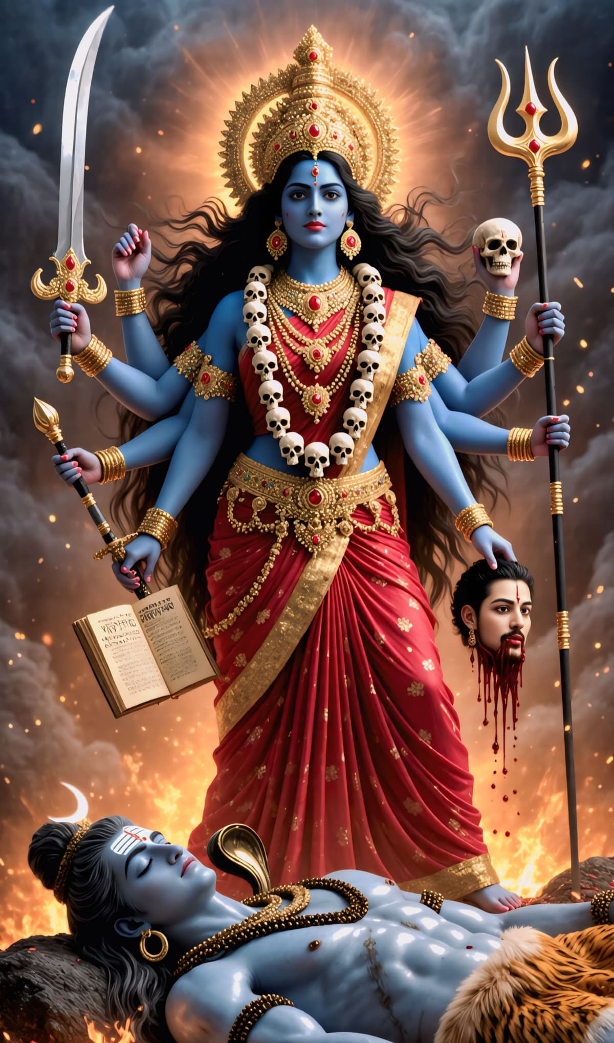 HD image of Goddess Kali in red saree with golden ornaments and skull garland, holding sword, trident, book, and head, standing over Lord Shiva, free download