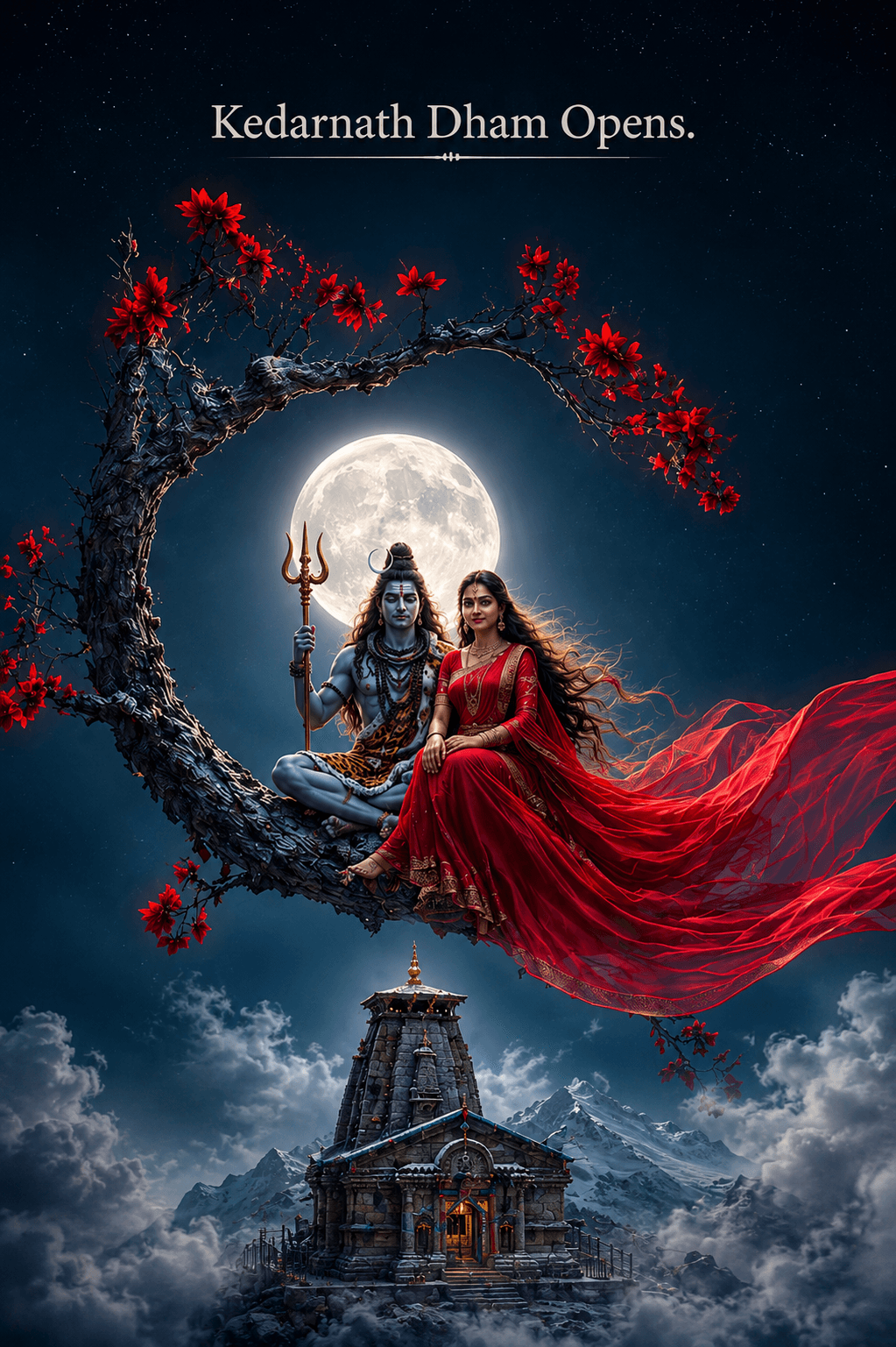 Kedarnath Temple with Lord Shiva and Goddess Parvati under a full moon, Himalayan night, HD 4K devotional wallpaper free download.