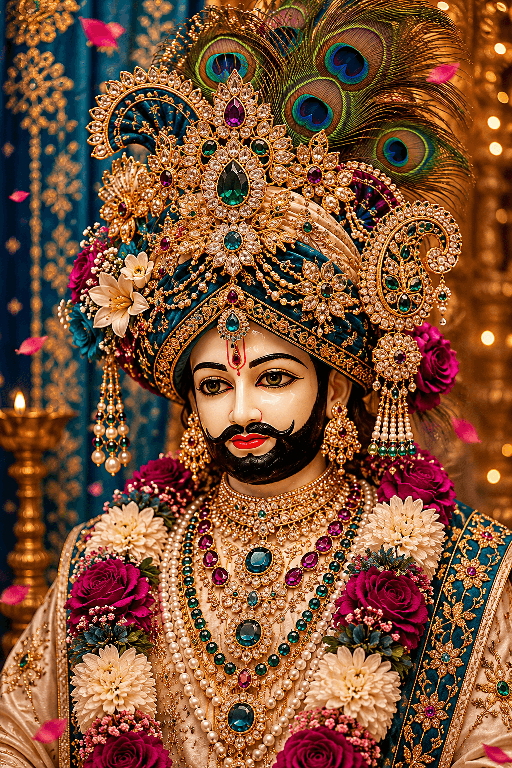 Stunning 4K image of Khatu Shyam Ji with ornate crown, peacock feathers, and colorful jewelry, free HD download for wallpapers and devotional projects.