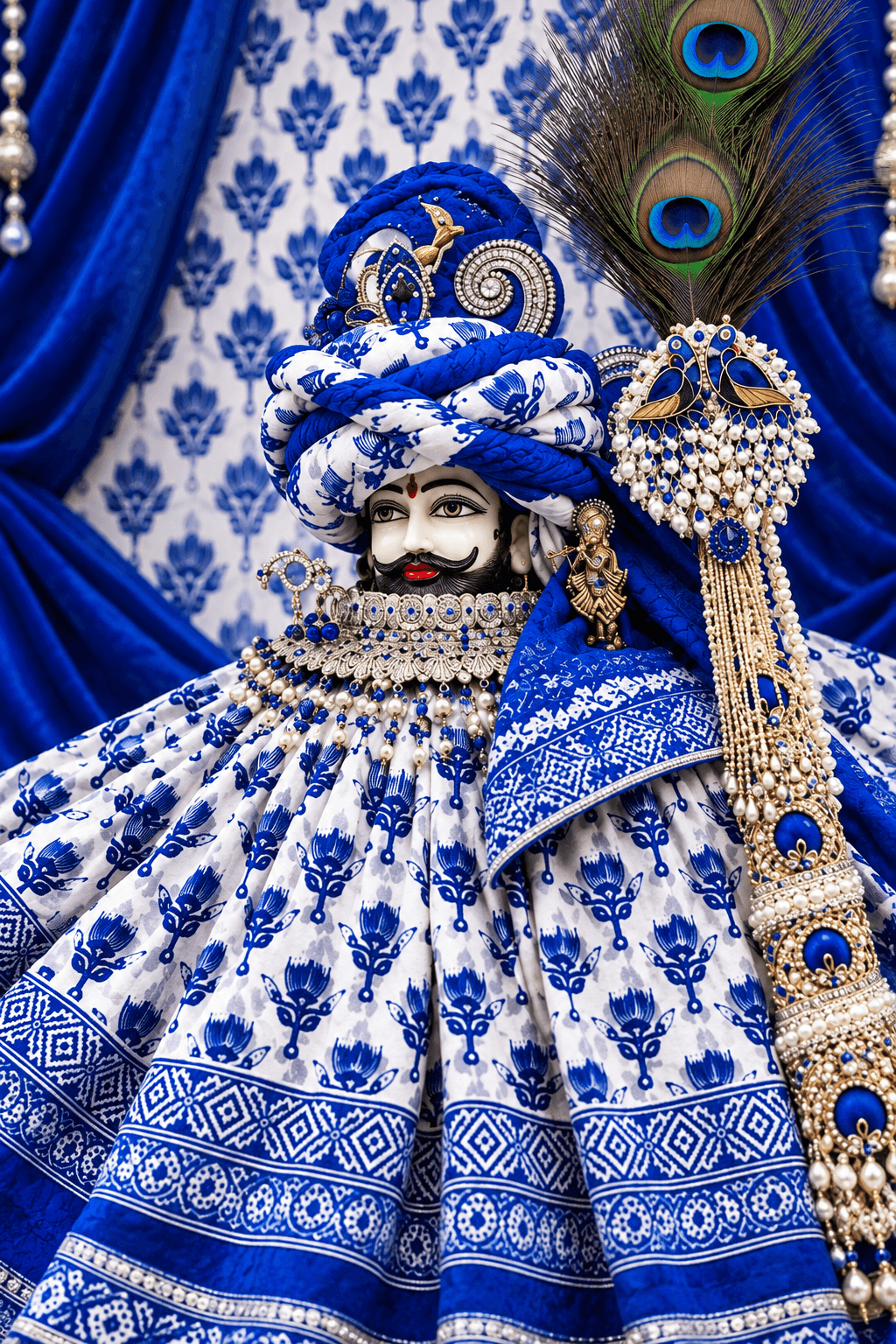Khatu Shyam Ji adorned in elegant blue and white patterned attire, a jeweled blue turban, pearl ornaments and peacock feathers in a devotional setting.