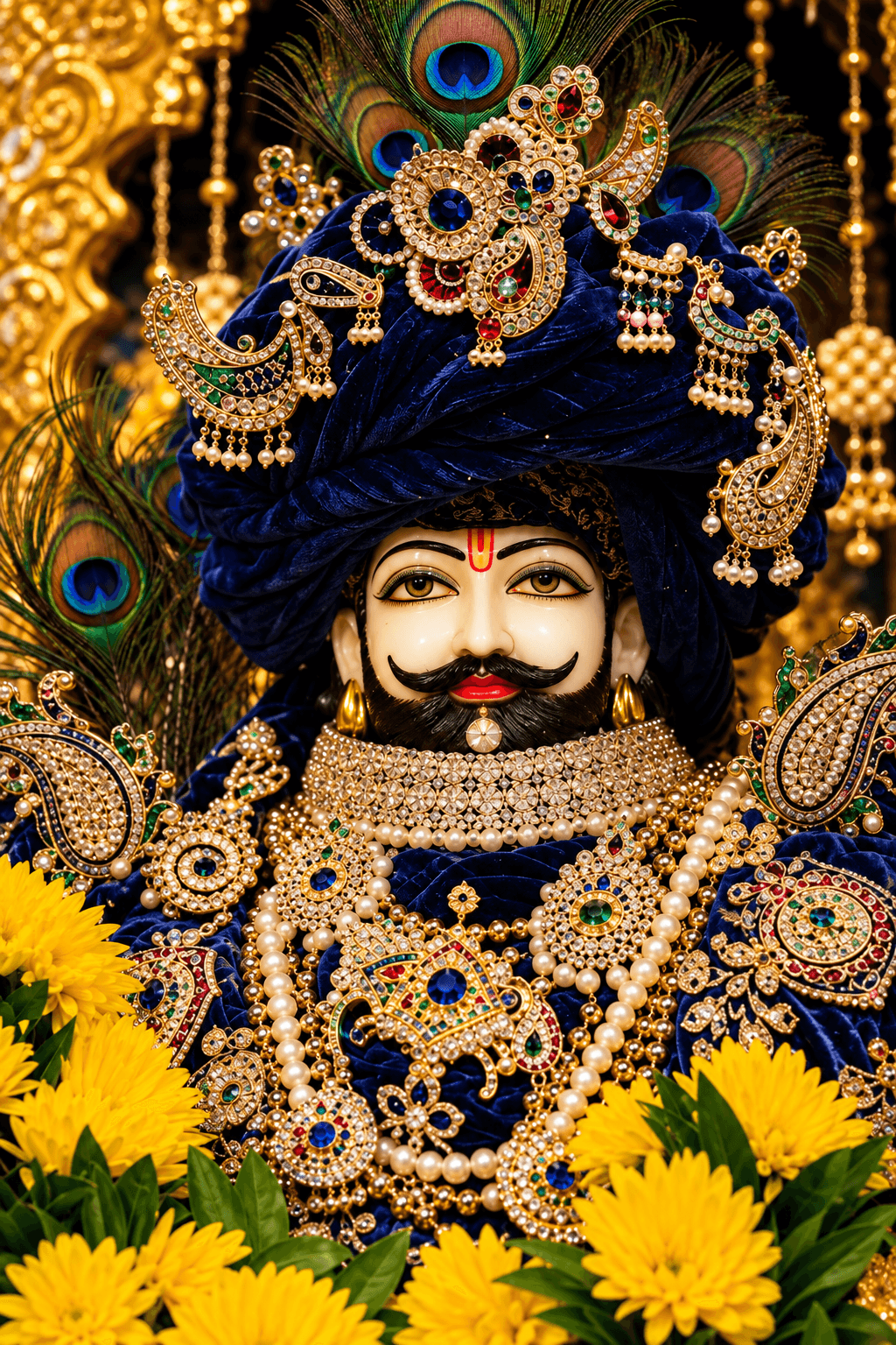 Khatu Shyam Ji adorned in a royal blue turban with jeweled ornaments, pearl necklaces, peacock feathers and yellow flowers, HD devotional image.