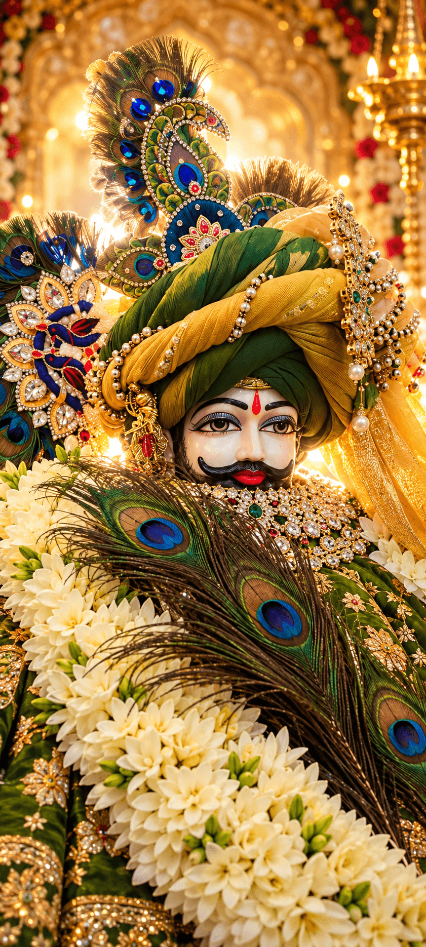 Khatu Shyam Ji adorned with a green and golden turban, jeweled ornaments, abundant peacock feathers and white floral garlands in a glowing devotional setting.