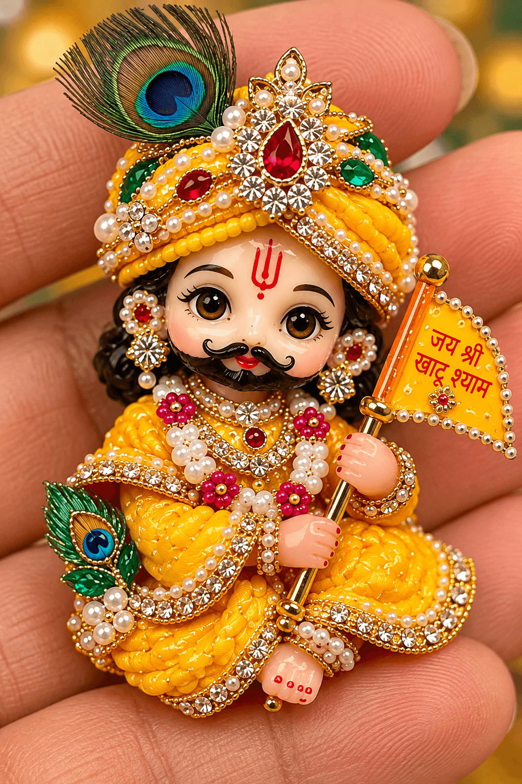 Cute Khatu Shyam Ji idol in a yellow outfit with jeweled crown, pearl ornaments, peacock feathers and a Jai Shri Khatu Shyam flag.