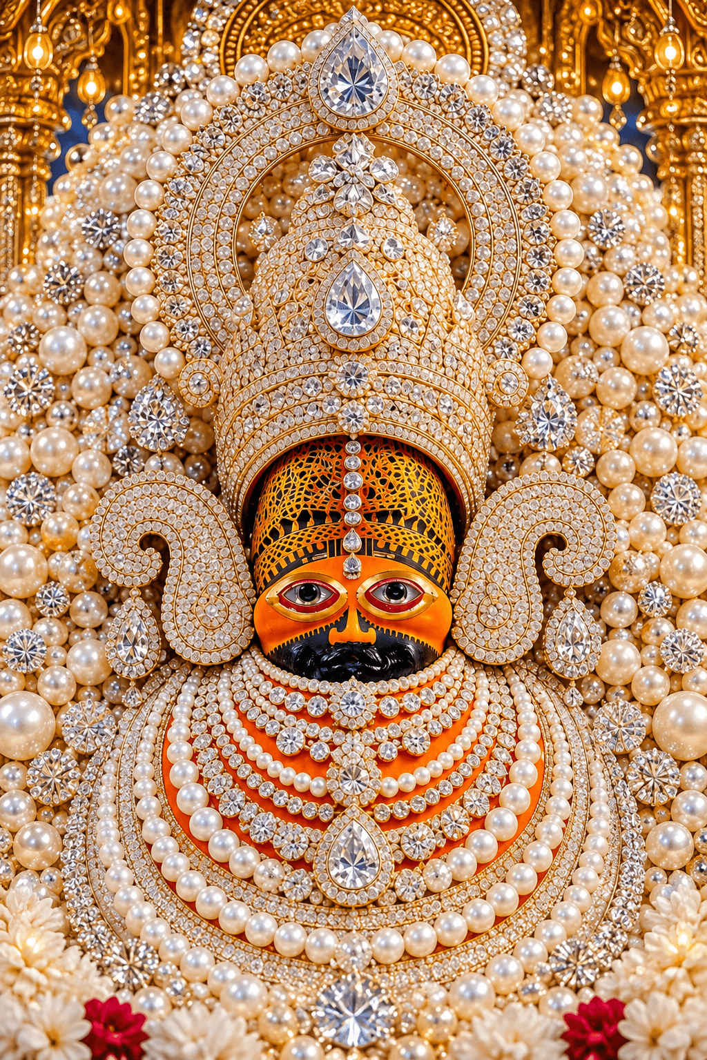Stunning 4K Khatu Shyam Ji image with an ornate jeweled crown, pearl decorations and devotional temple-style adornments, available for download.