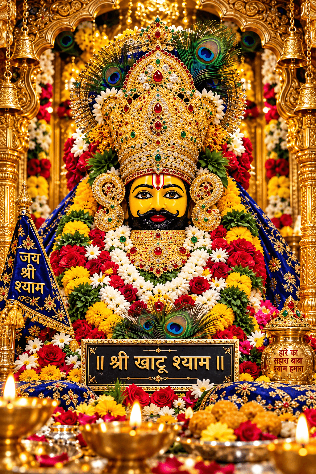 Khatu Shyam Ji adorned with an ornate golden crown, peacock feathers and colorful flower garlands, surrounded by temple bells and glowing diyas.