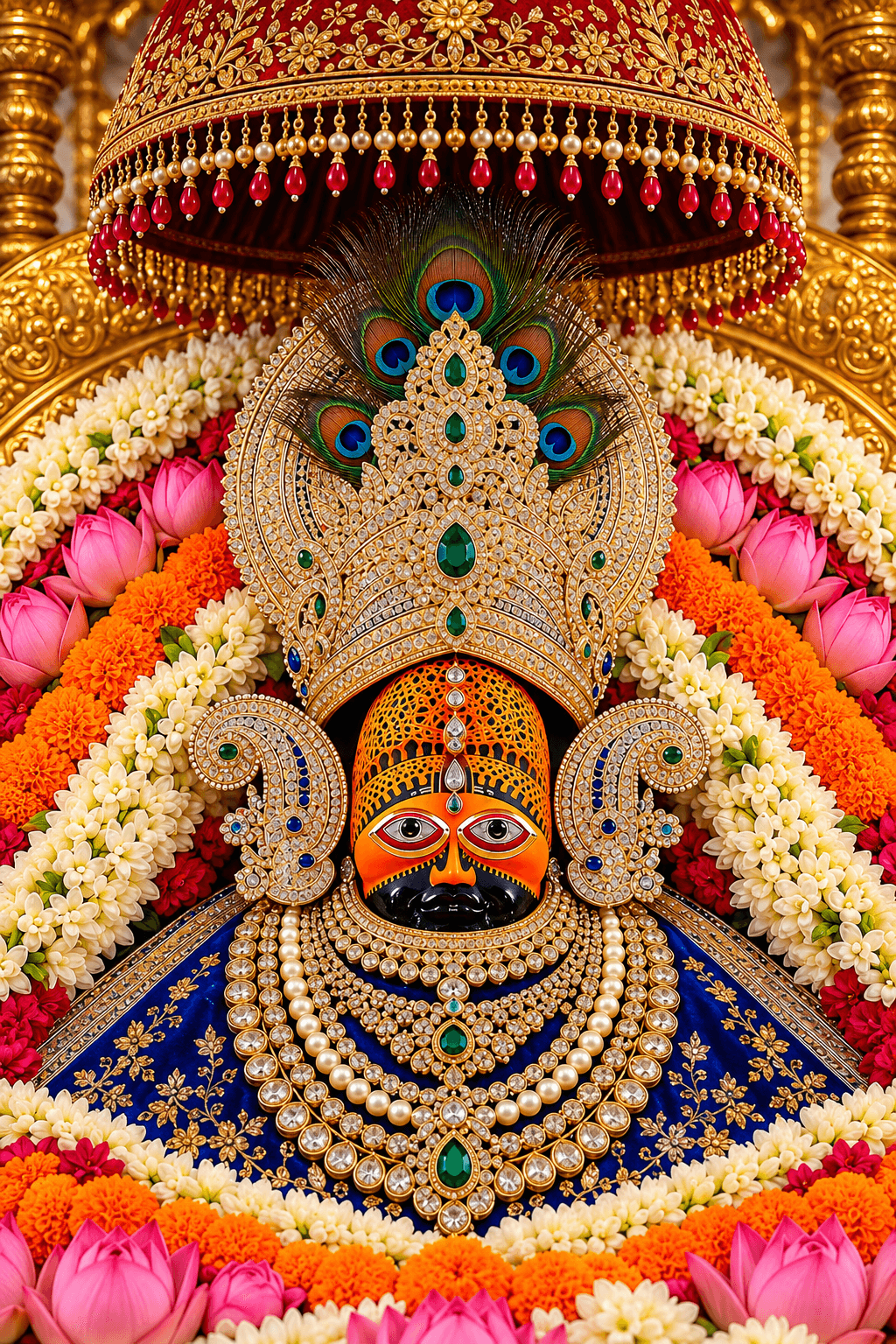 Khatu Shyam Ji adorned with an ornate jeweled crown featuring peacock feathers, pearl jewelry and a vibrant floral arrangement of lotus and marigold flowers.
