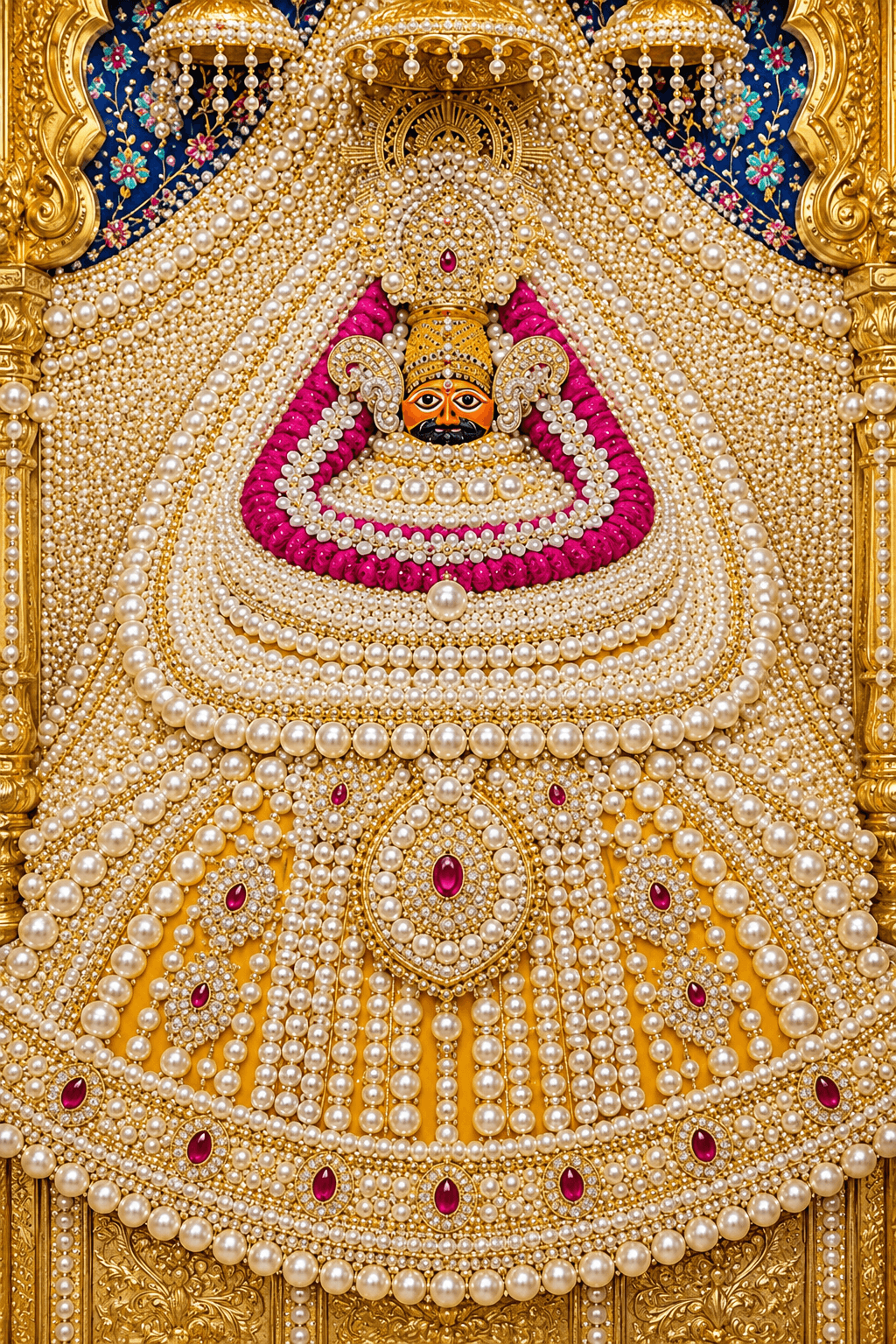 Khatu Shyam Ji beautifully adorned with layers of pearl jewelry, jeweled ornaments, pink floral garlands and an ornate golden devotional backdrop.