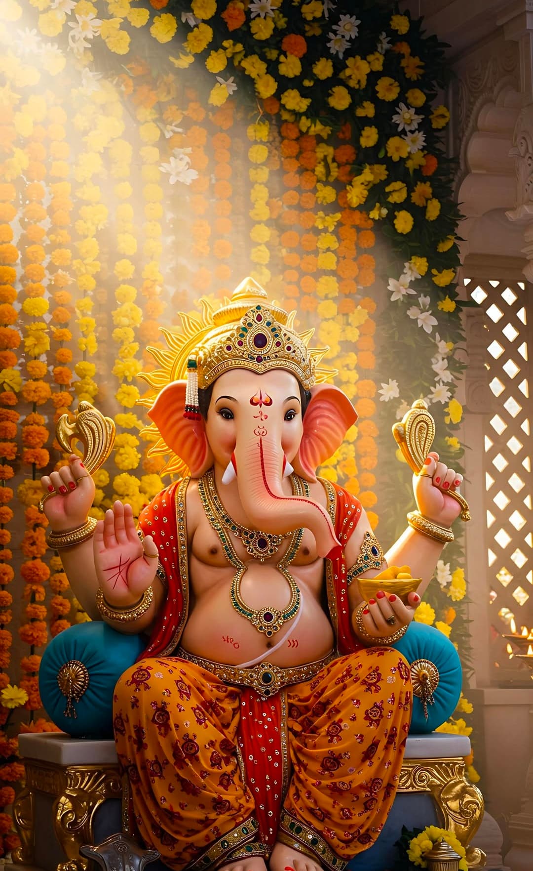 Lord Ganesha seated in orange attire with golden crown and marigold floral decoration