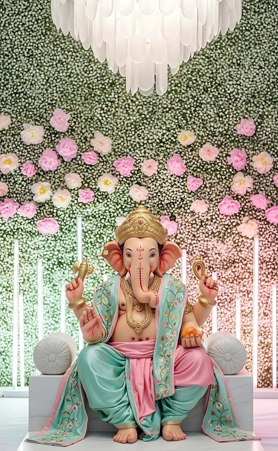 Lord Ganesha seated in pastel green and pink attire with floral backdrop