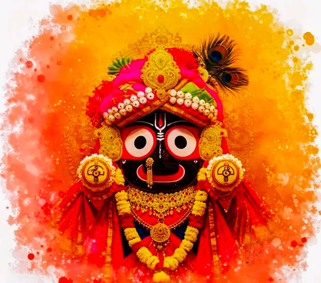 Lord Jagannath with golden ornaments, flower garlands, and colorful turban.