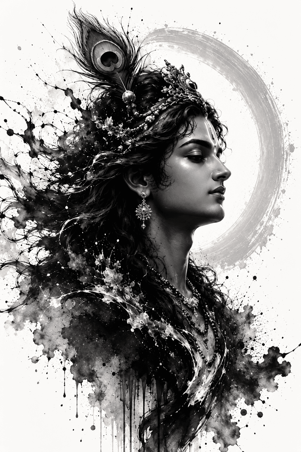 Artistic black-and-white portrait of Lord Krishna wearing a jeweled crown with a peacock feather, premium 4K image free to download.