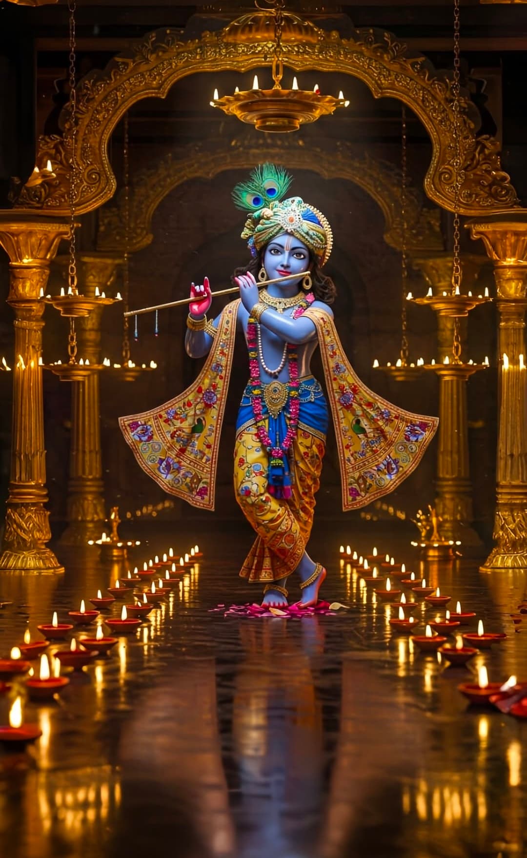 Lord Krishna idol playing flute in temple with lamps and golden decorations.