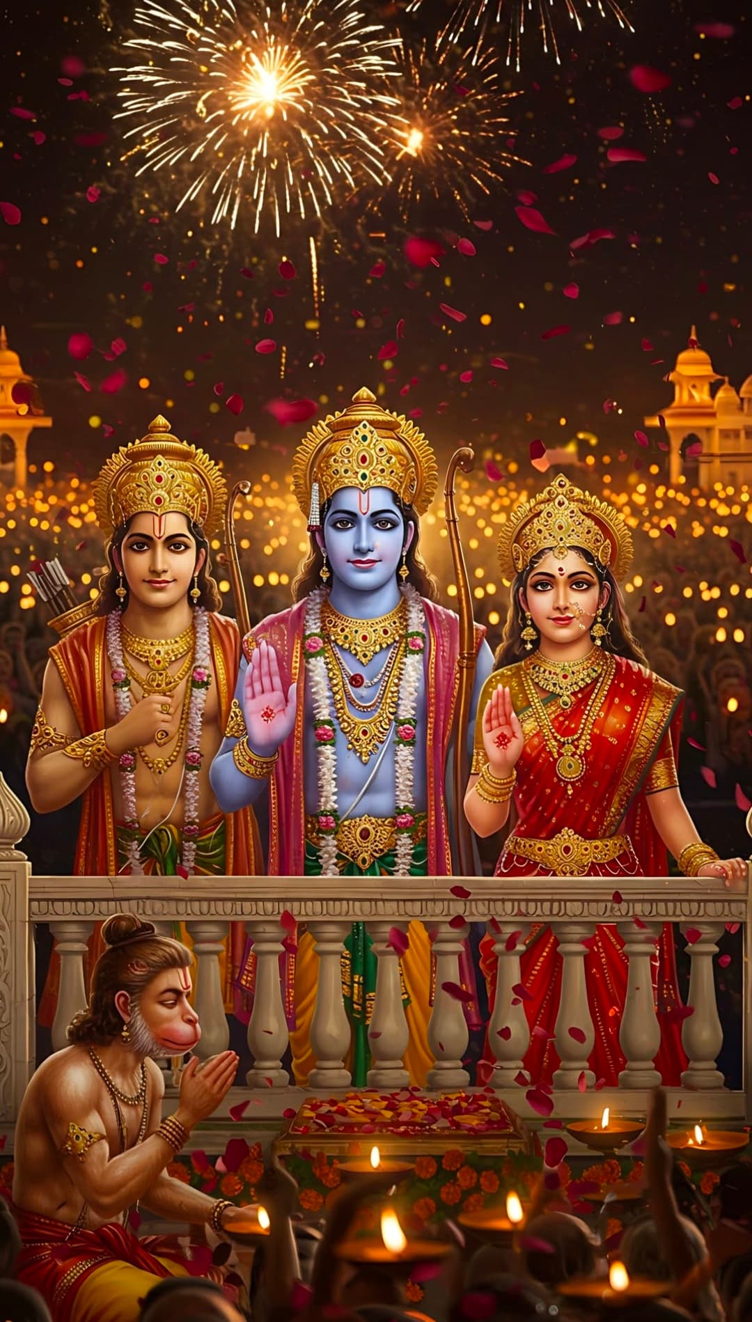 Lord Rama, Sita, Lakshmana with Hanuman Ji and fireworks in background