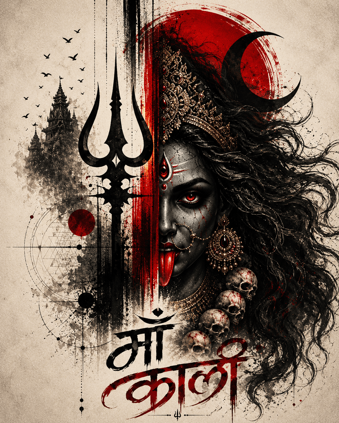Abstract half-face Maa Kali artwork featuring a Trishul, crescent moon, glowing red eye, skull garland, temple silhouette, and red-black ink textures in HD 4K.