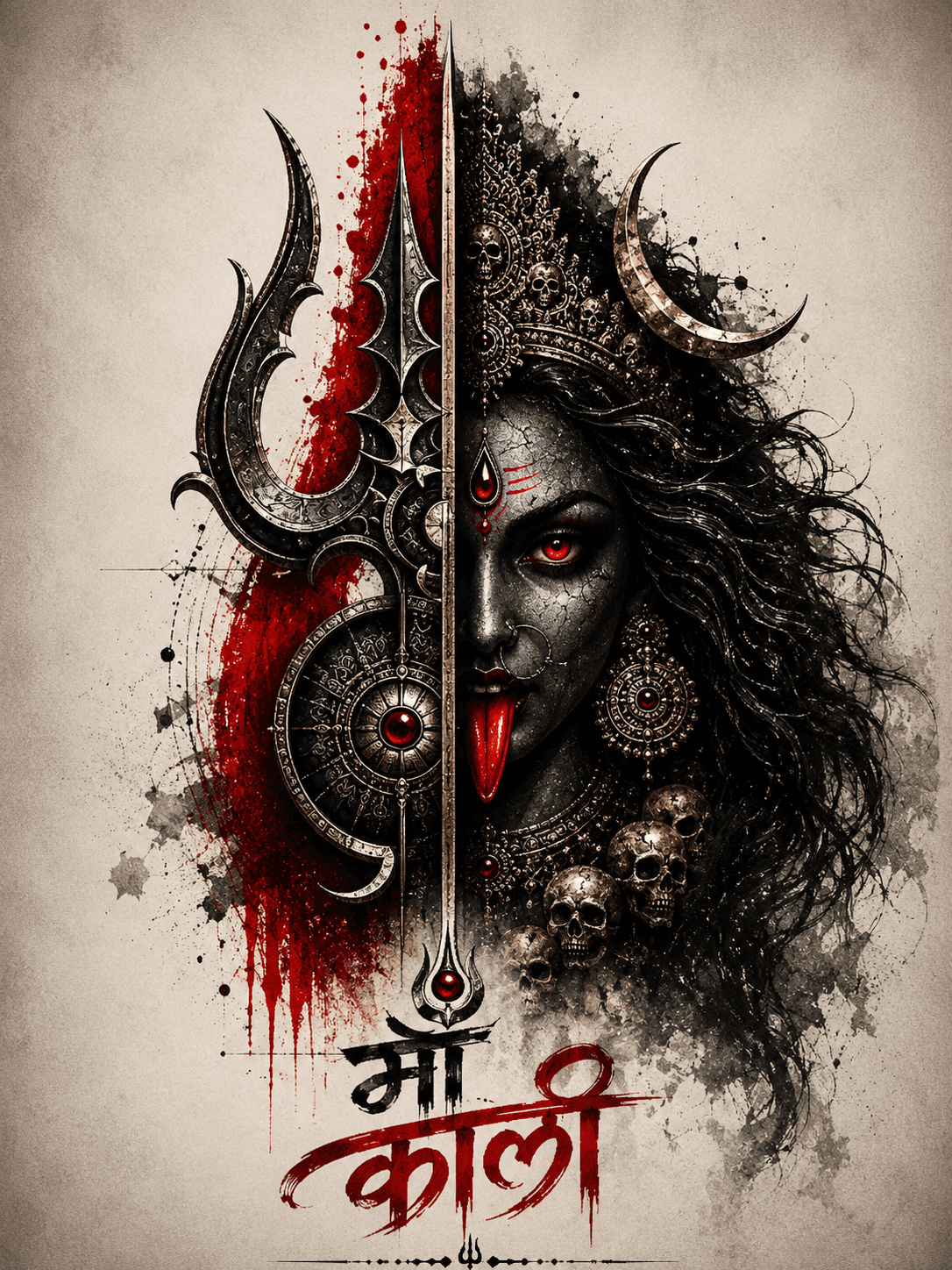 Half-face artistic portrait of Maa Kali with Trishul, crescent moon, glowing red eye, skull crown, and red-black ink splash background in HD 4K.