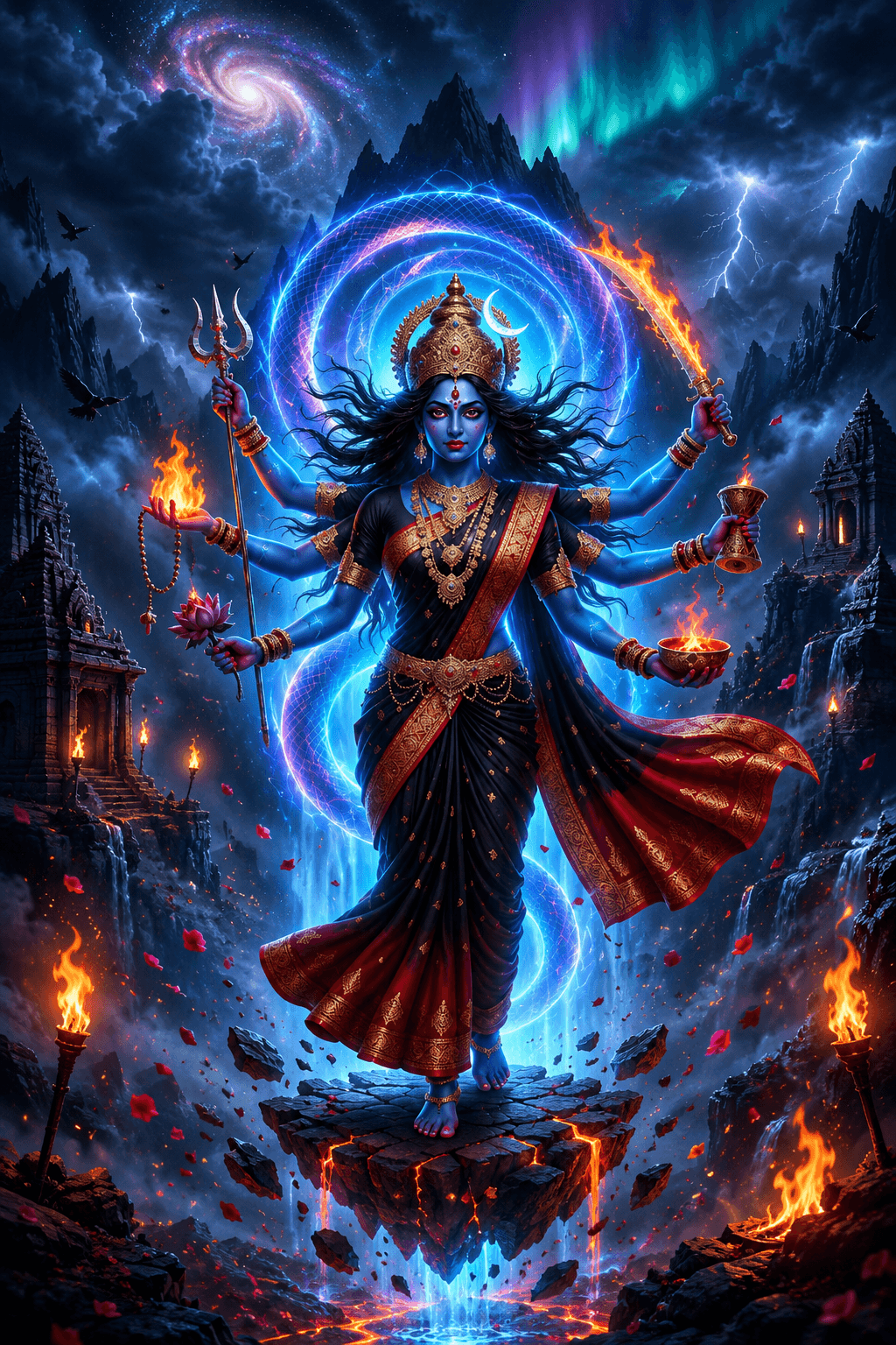 Divine Maa Kali standing on a floating rock with eight arms, holding a trident, flaming sword, lotus, sacred fire, and ritual vessels against a cosmic galaxy, temples, lightning, and waterfall background in ultra HD 4K.