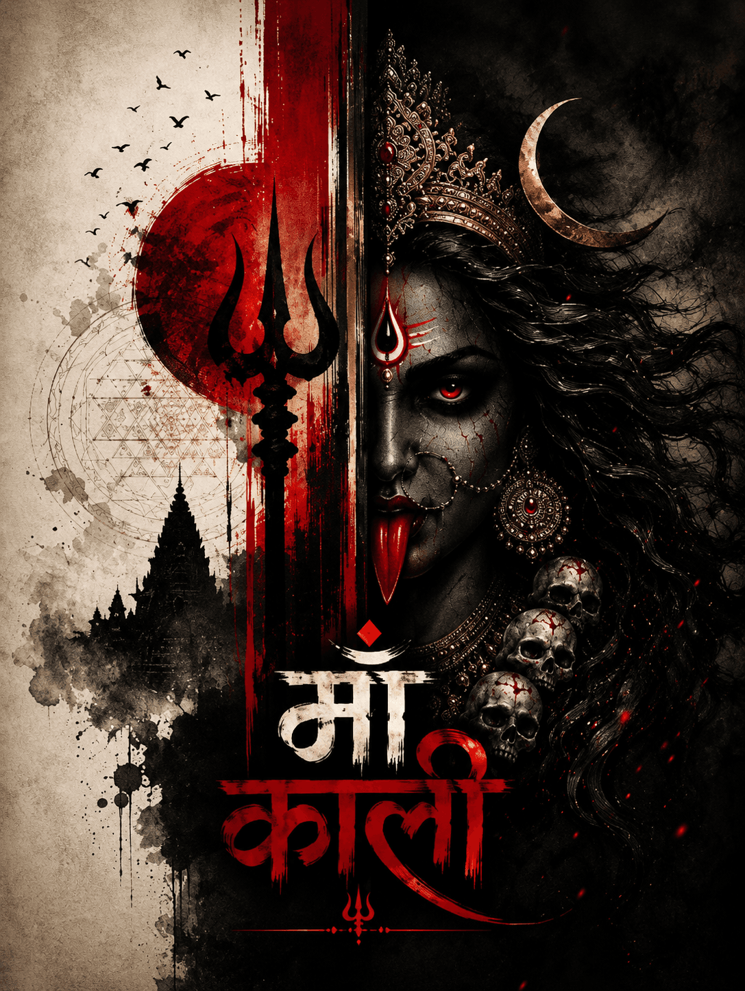 Dark half-face portrait of Maa Kali with glowing red eye, Trishul, crescent moon, skull garland, temple silhouette, and artistic red-black background in HD 4K.