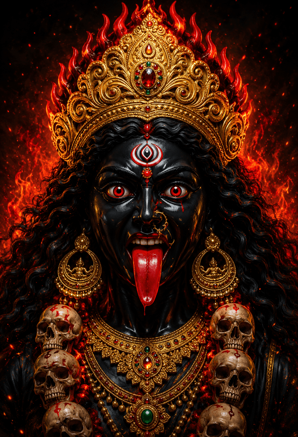 Fierce close-up of Maa Kali with black complexion, glowing red eyes, extended tongue, golden crown, skull garland, ornate jewelry, and blazing fire background in ultra HD 4K.