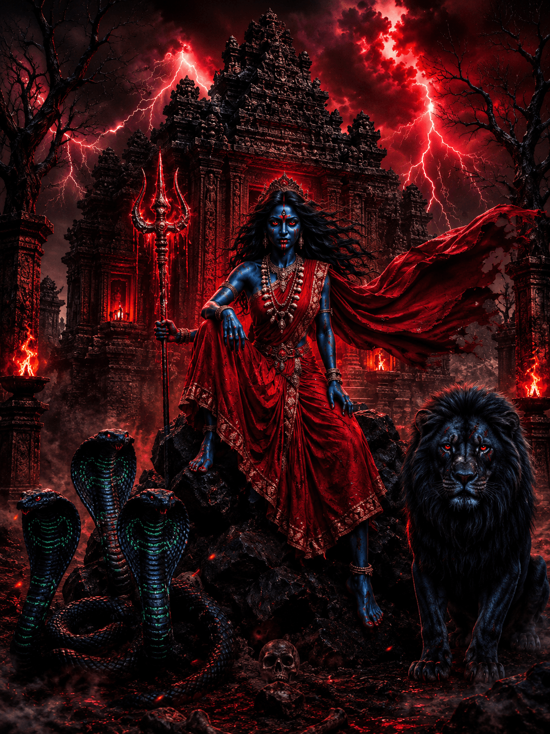 Fierce Maa Kali seated before an ancient temple with a glowing trident, black lion, king cobras, red storm clouds, and lightning in the background.