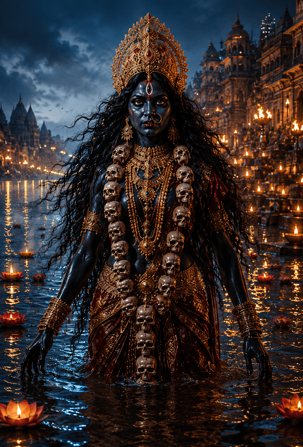 Maa Kali standing in the sacred river at twilight with a skull garland, golden crown, temple ghats, floating diyas, and lotus flowers in HD 4K.
