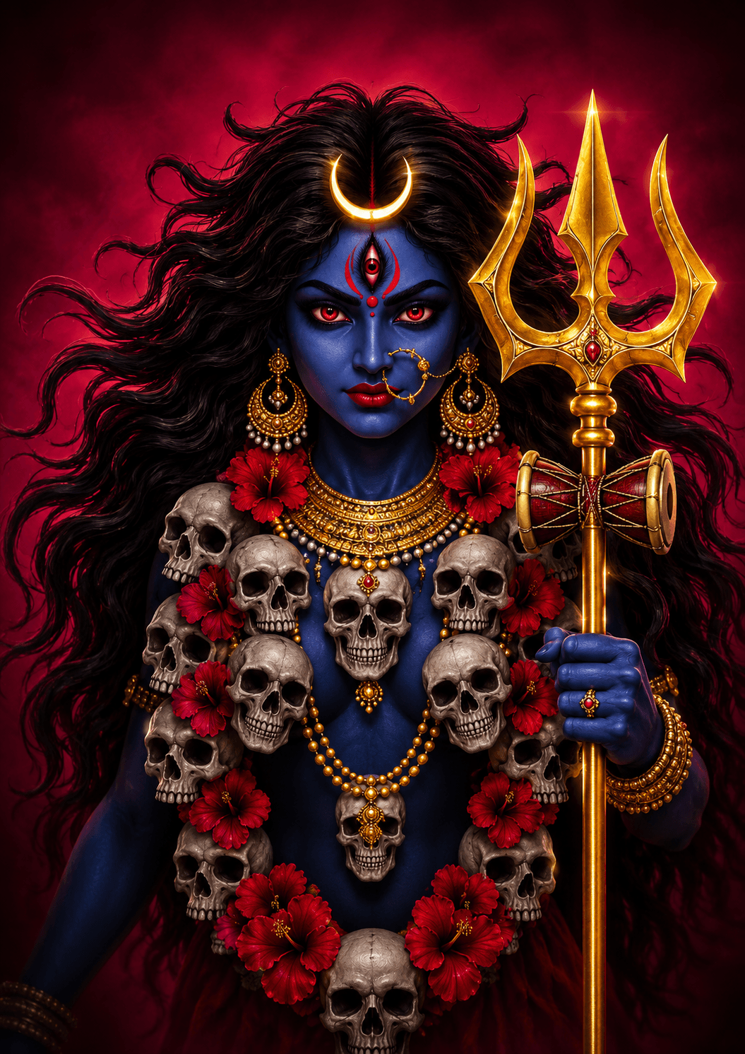 Divine Maa Kali portrait with blue complexion, glowing red eyes, golden Trishul, skull garland, red hibiscus flowers, crescent moon, and crimson background in HD 4K.