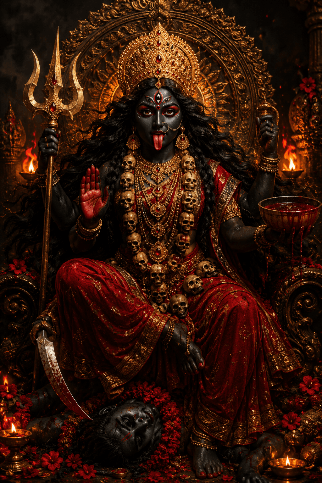 Powerful Maa Kali seated on a throne with trident, skull garland, sacred bowl, extended tongue, and glowing temple backdrop in stunning 4K, free to download.