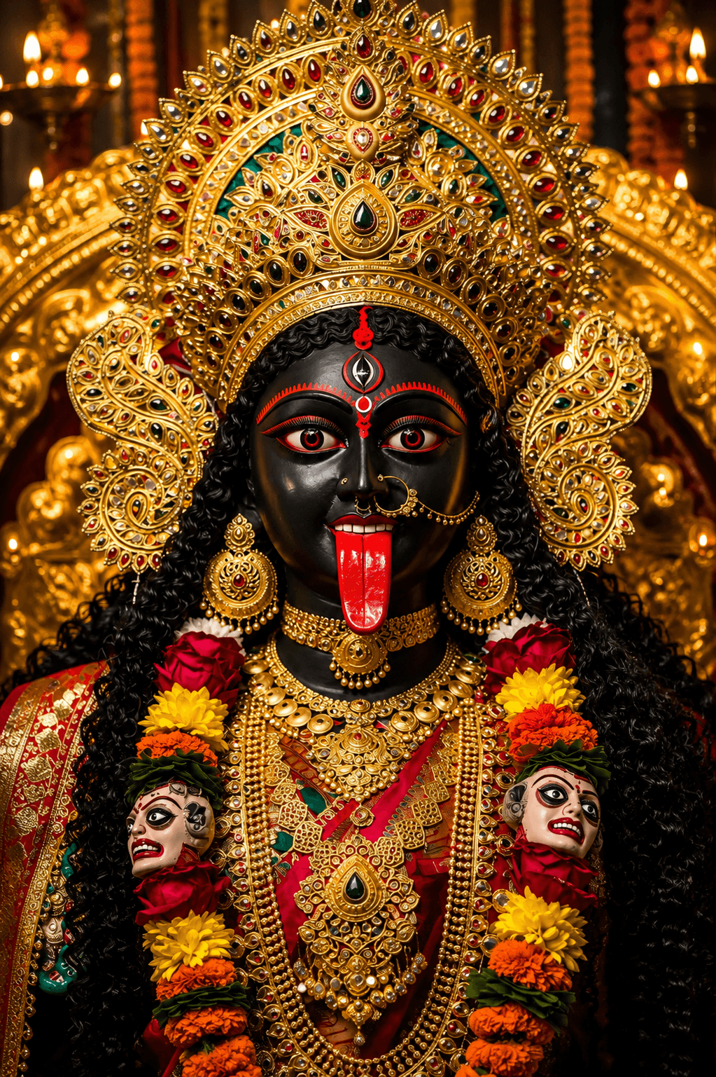 Close-up portrait of Maa Kali idol with golden crown, black complexion, red tongue, ornate jewelry, colorful flower garlands, and golden temple background in HD 4K.