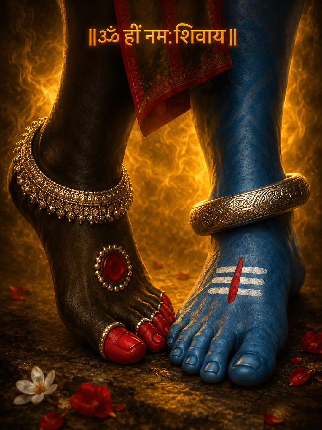 Close-up of Maa Kali's feet beside Lord Shiva's blue feet with Om Namah Shivaya text, sacred tilak, anklets, and glowing devotional background in HD 4K.