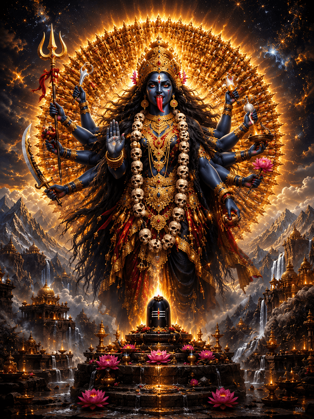 Maa Mahakali in her cosmic multi-armed form with a skull garland, trident, lotus, sacred weapons, radiant golden halo, Shivling, and celestial temple landscape.