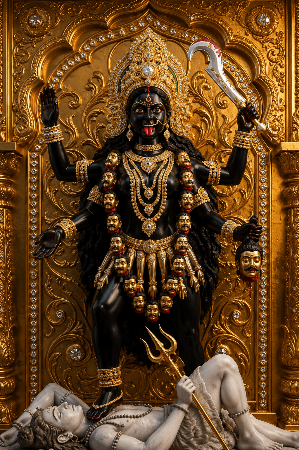 Sacred Maa Kali Murti standing over Lord Shiva in a golden temple, holding a divine sword and severed head, adorned with gold jewelry and a traditional garland in HD 4K.