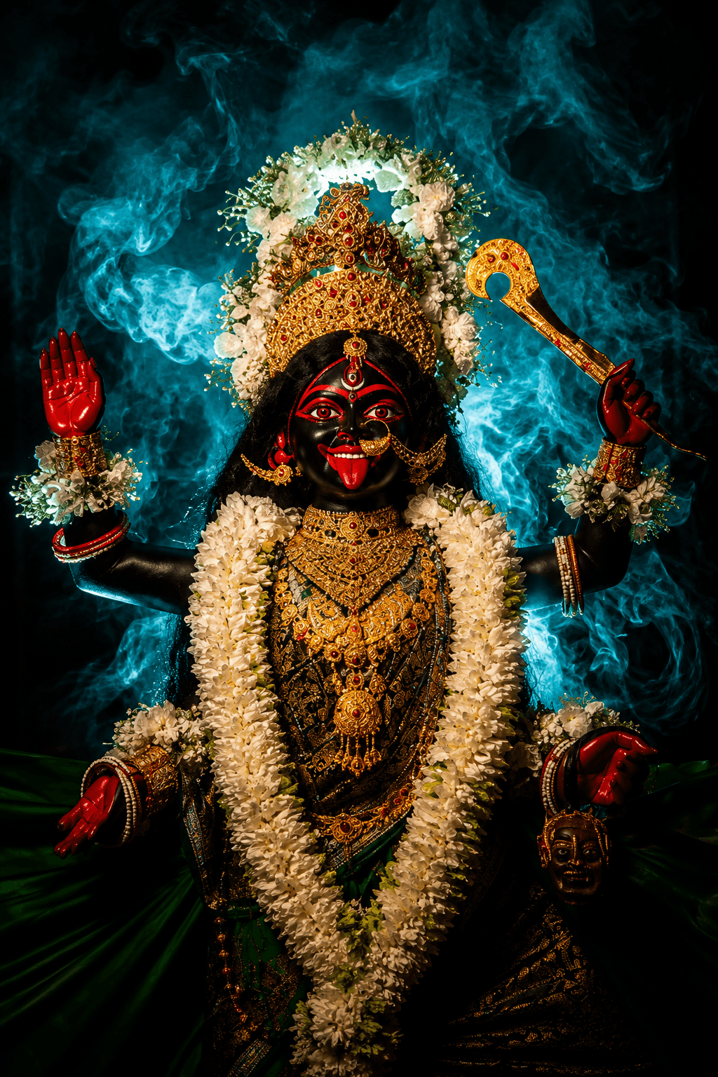Sacred Maa Kali idol adorned with a golden crown, jasmine flower garland, red hands, divine sword, ornate jewelry, and glowing blue mystical smoke background.