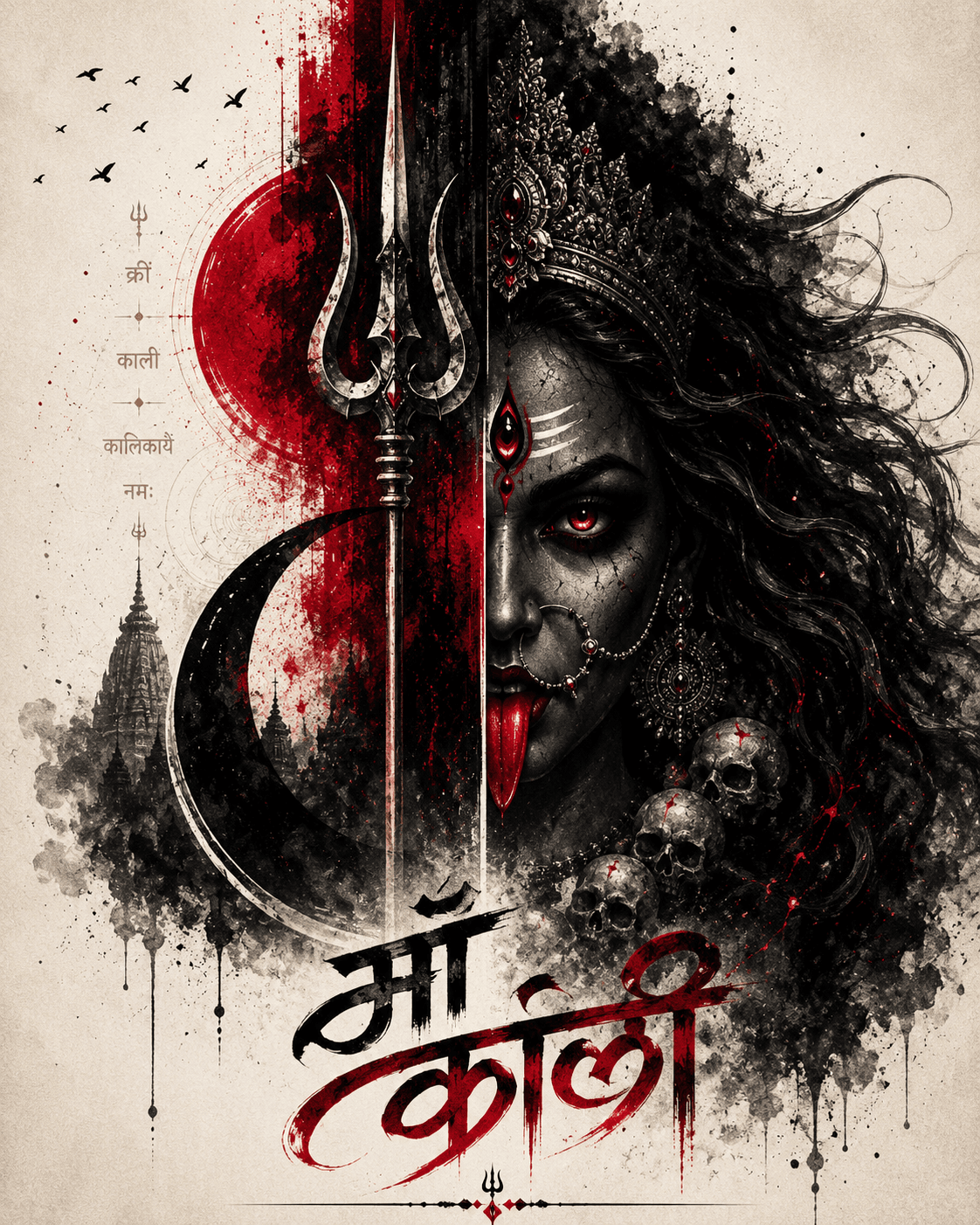 Artistic half-face portrait of Maa Kali with Trishul, glowing red eye, skull garland, temple silhouette, and red-black ink splash background in HD 4K.