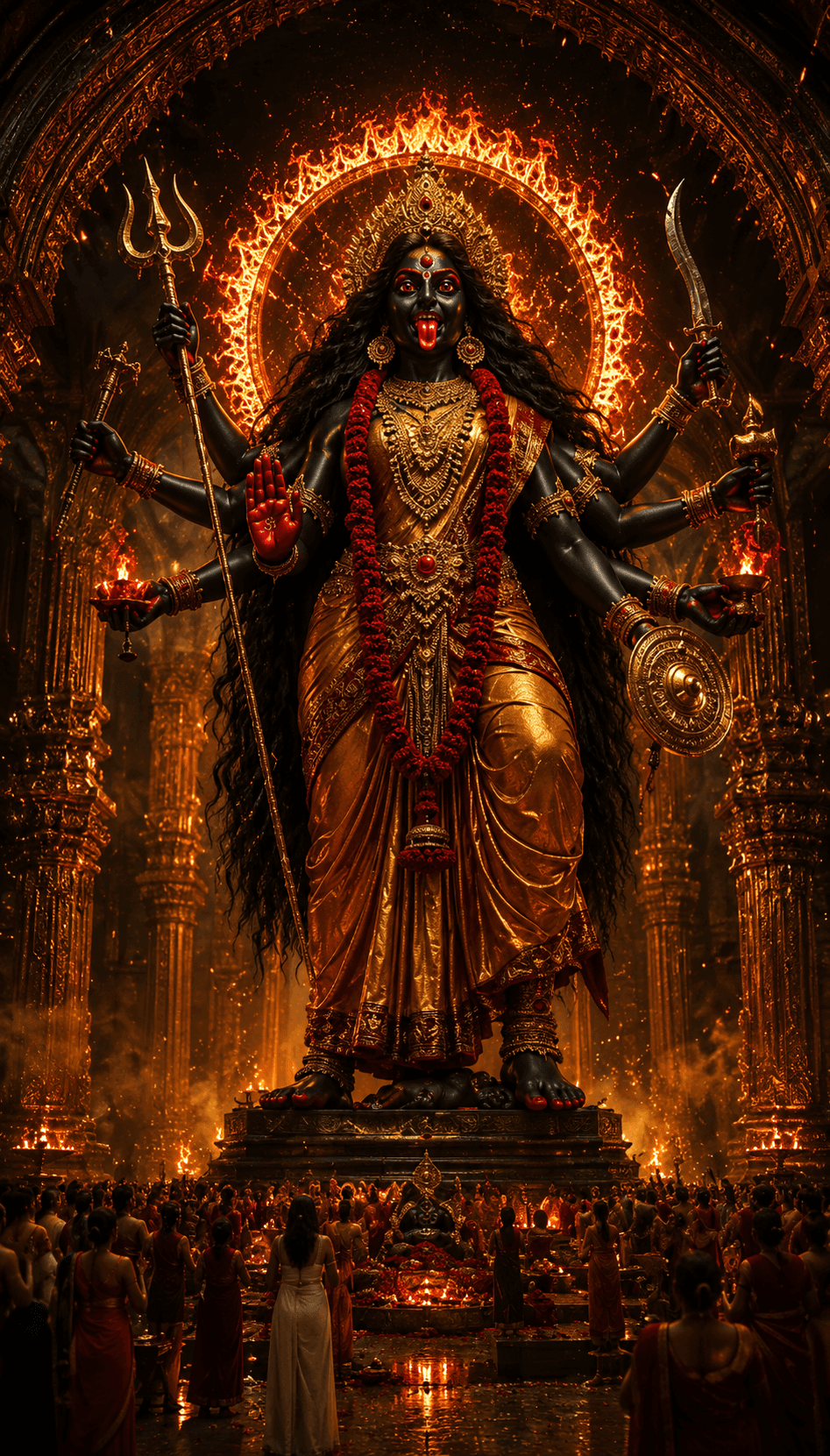 Majestic Maa Kali standing in a grand temple with multiple arms, fiery halo, trident, sword, sacred weapons, and devotees offering prayers.